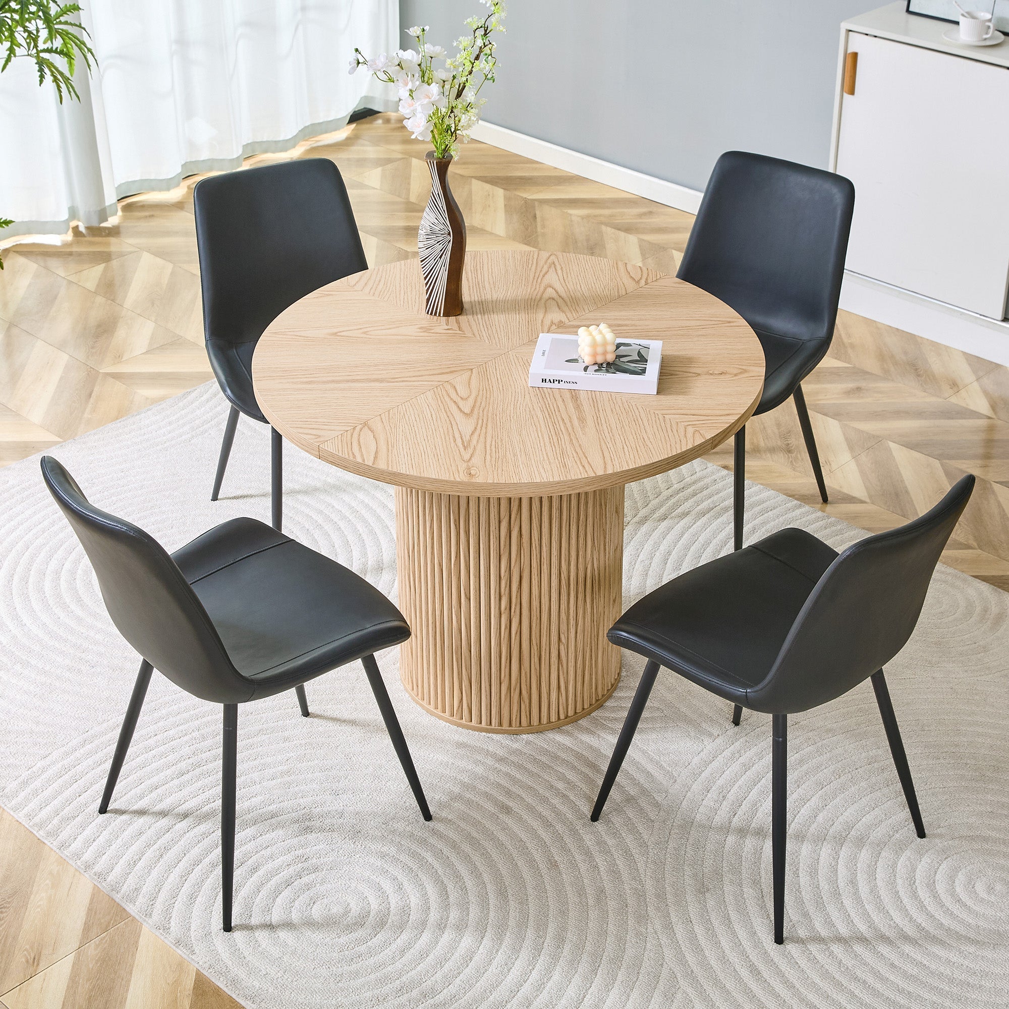 Round Dining Set 100cm MDF Table 4 Chairs - Light Wood Look/Black Faux Leather