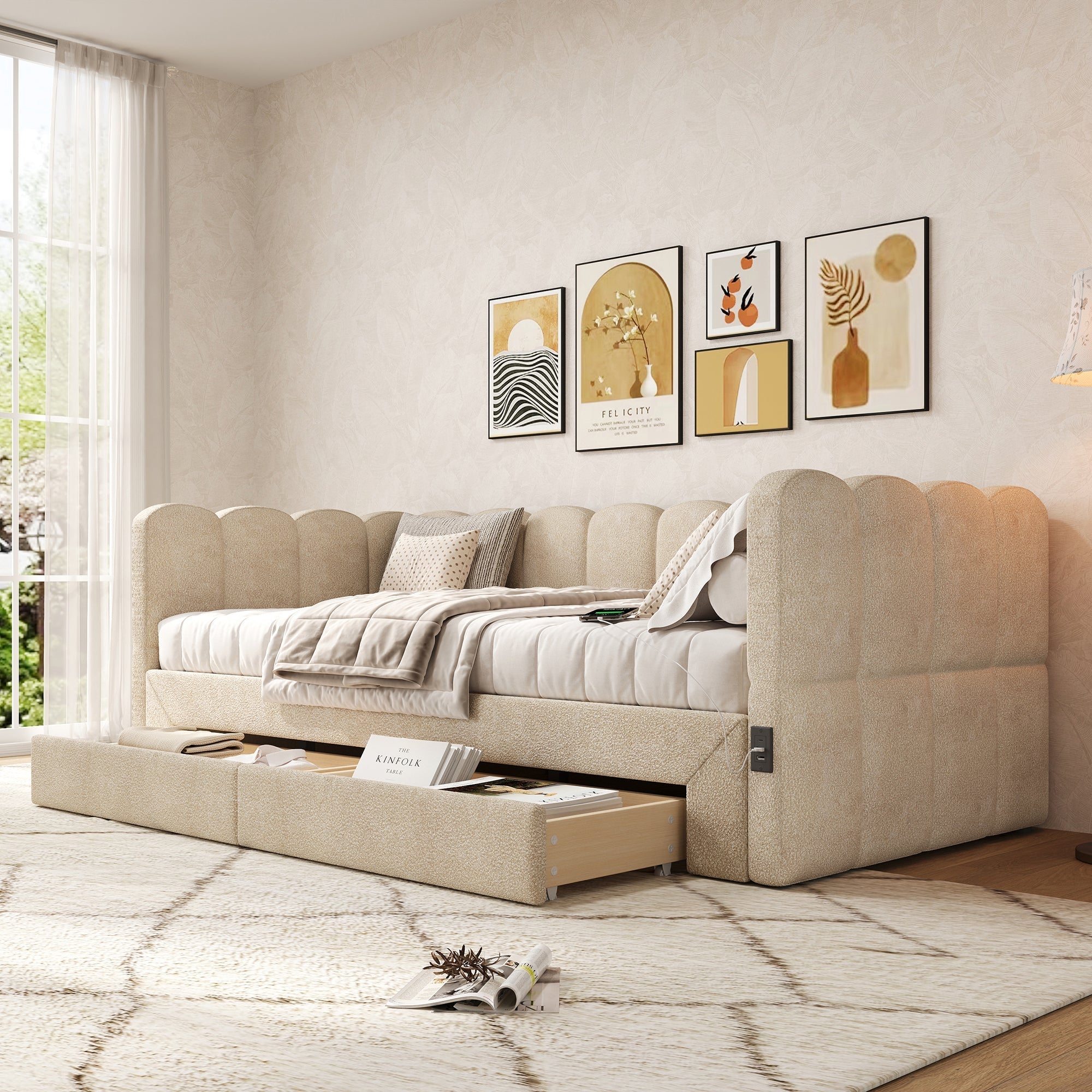 Upholstered Daybed with 2 Storage Drawers, USB Port, Extendable 90x190 to 180 cm, Beige Chenille