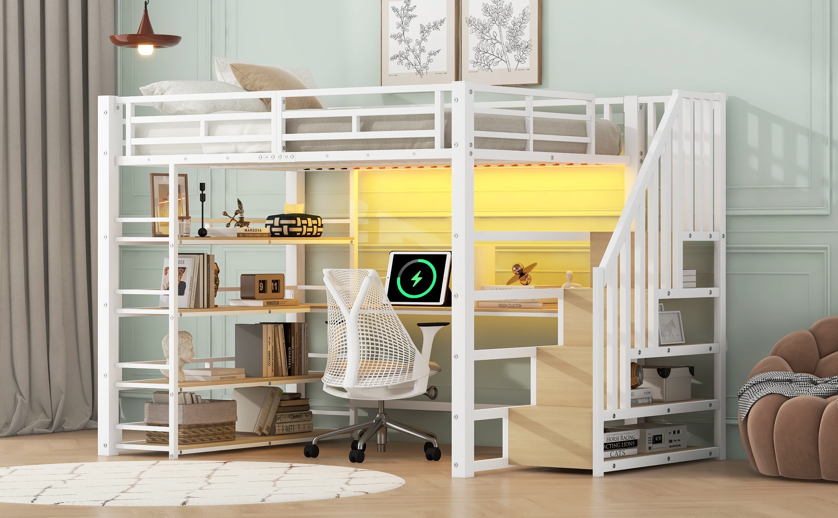 Metal Loft Bed with Desk, Stairs, Storage and LED Light, White
