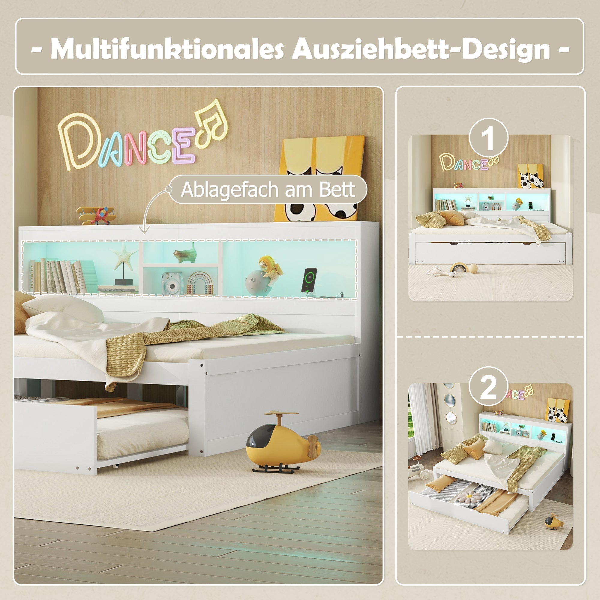 Daybed Sofa Bed 140x200cm Pull-out Bed LED Storage USB/Power Outlet - White