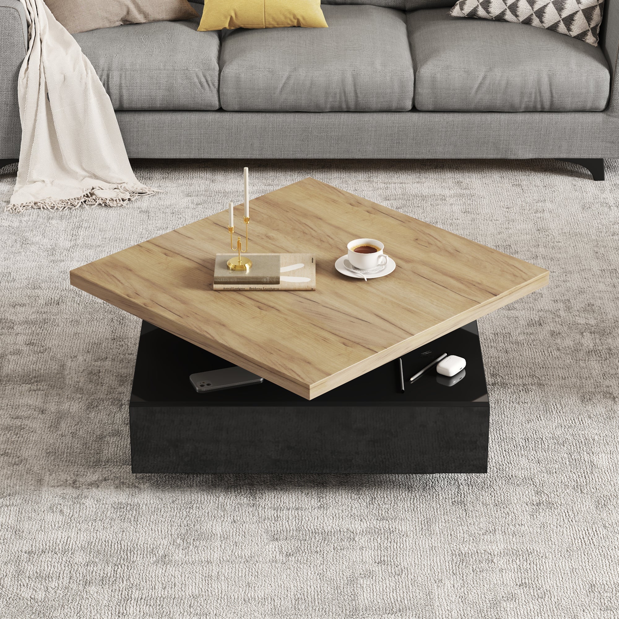 Coffee Table Multifunctional 360° Swivel 2-Tier Storage - Natural/Black Chipboard