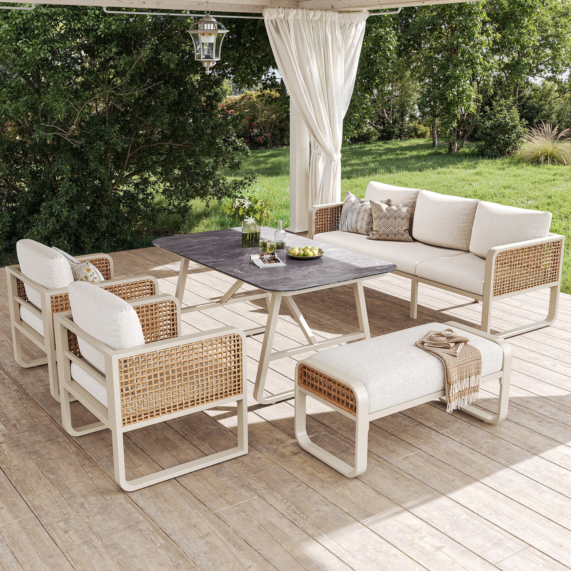 Garden Lounge Set for 6-7 People with Side Table and Washable Cushions, PE Rattan, Beige