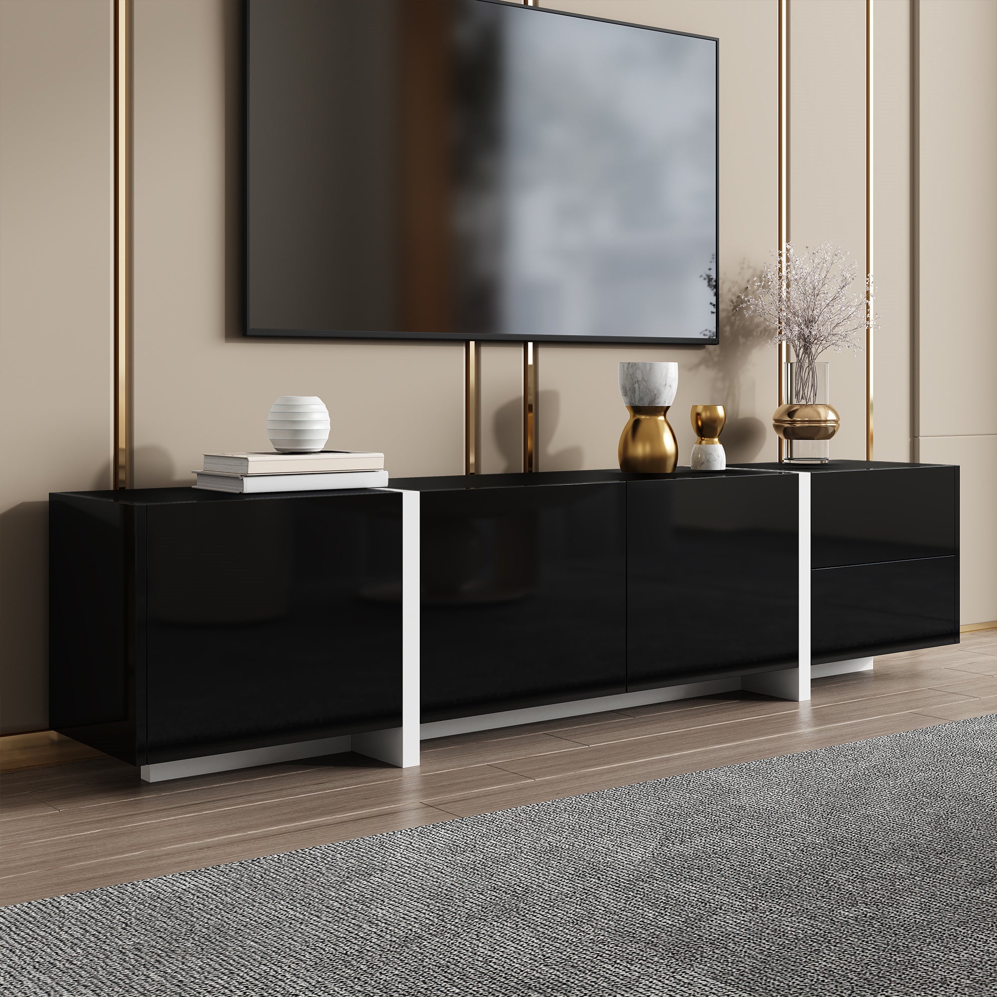 TV Cabinet, High-Gloss with Doors & Drawers, Black & White