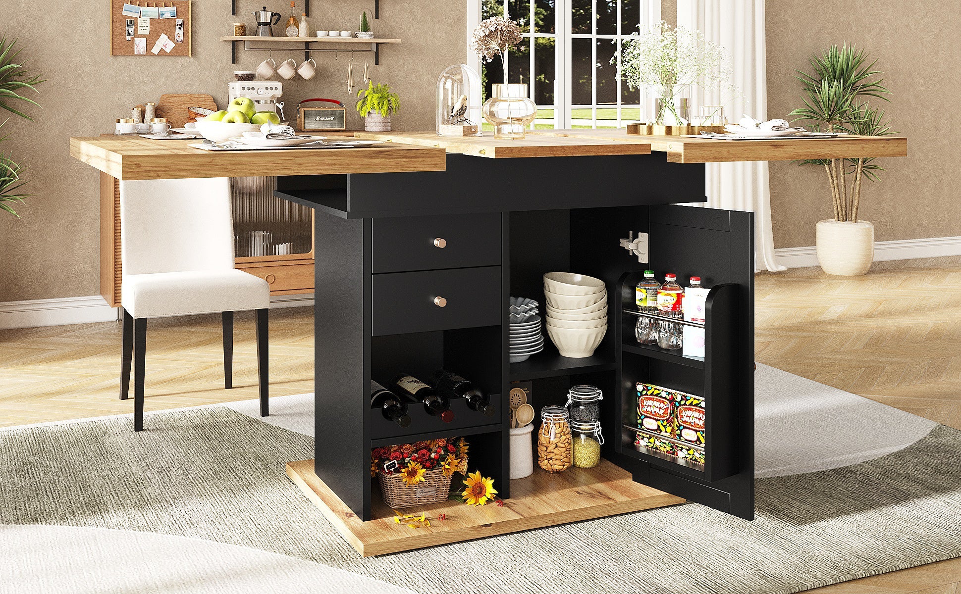 Telescopic Dining Table with Wine Rack and Snack Shelf, Extendable and Foldable, Wood Finish