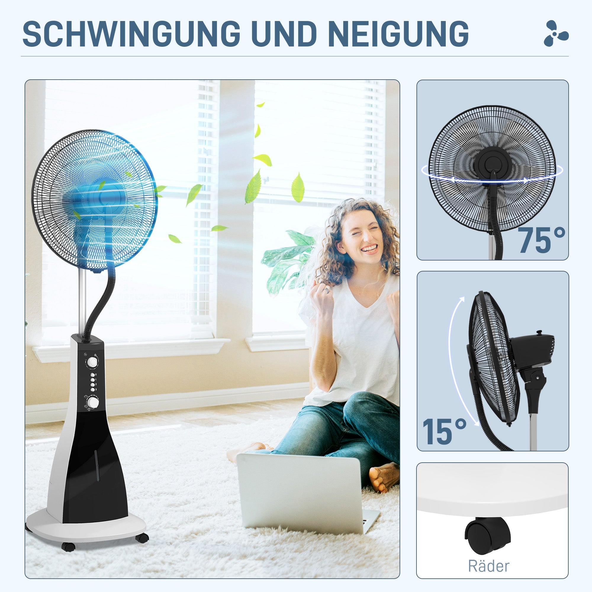 Fan with Mist Function, 90W, 3L Tank, 3 Modes, Timer, Oscillating, Black