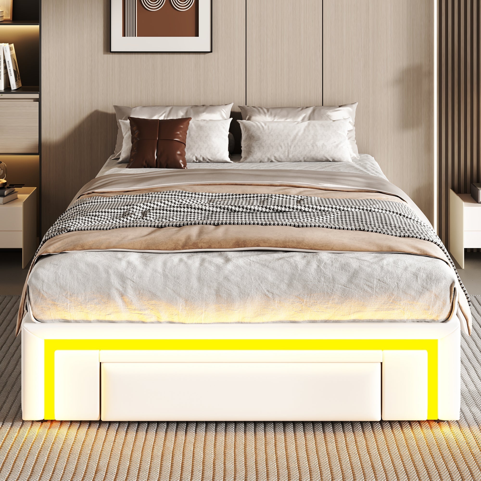 Bed Frame 90x200cm Platform LED Drawers Metal Slats - White PU Leather