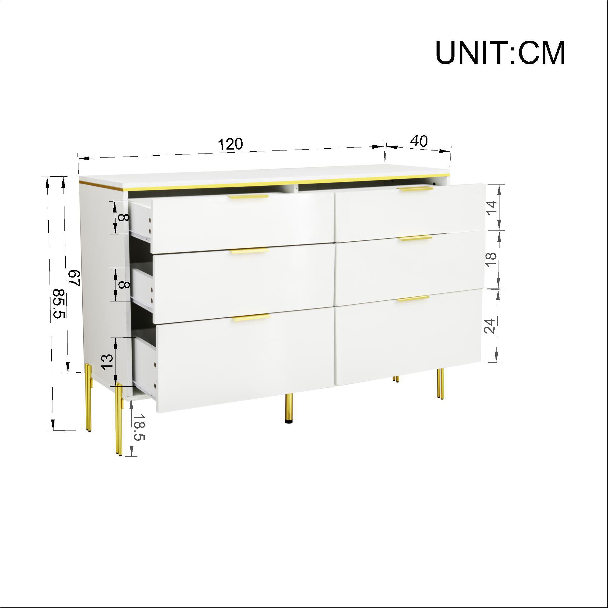 Sideboard Cabinet Modern 6 Drawers High-Gloss - White and Gold