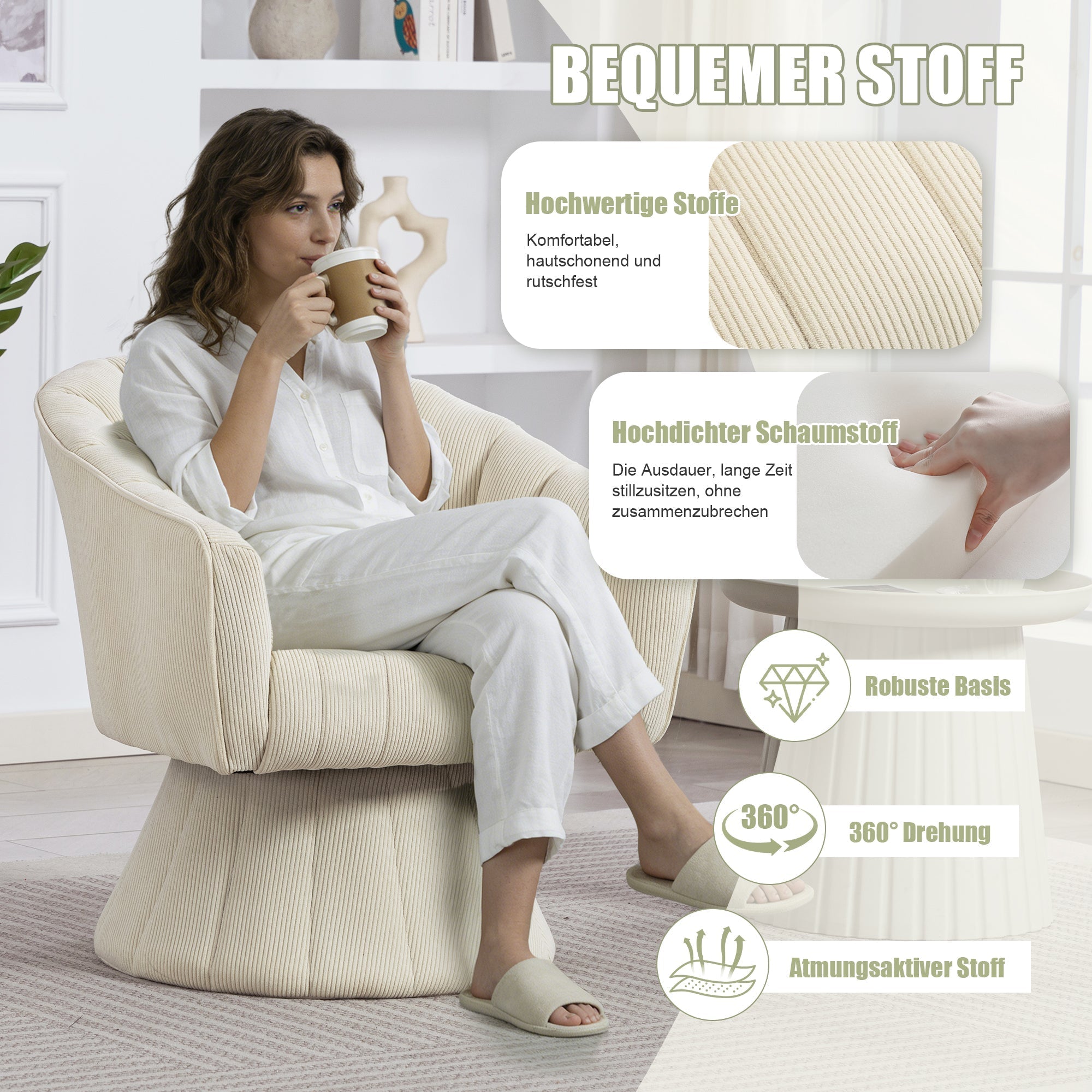 Swivel Chair 360° Ergonomic Cushions Modern Design Beige