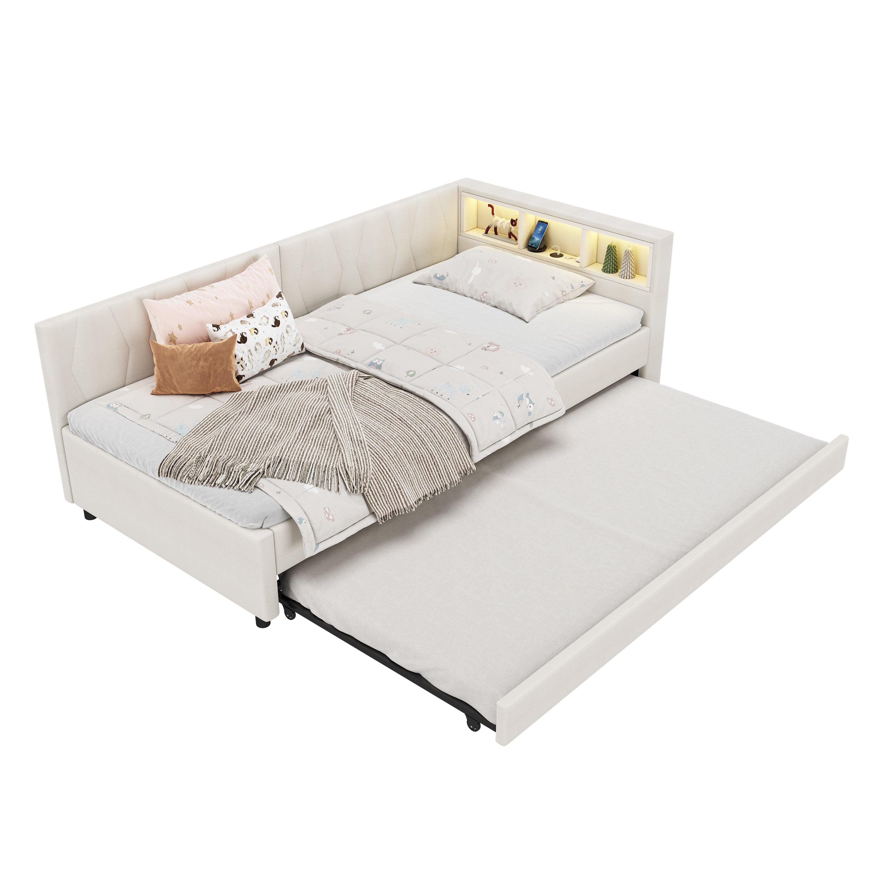 Daybed Sofa Bed 90x200cm Pull-out Bed Storage LED USB/Type-C - Linen Beige
