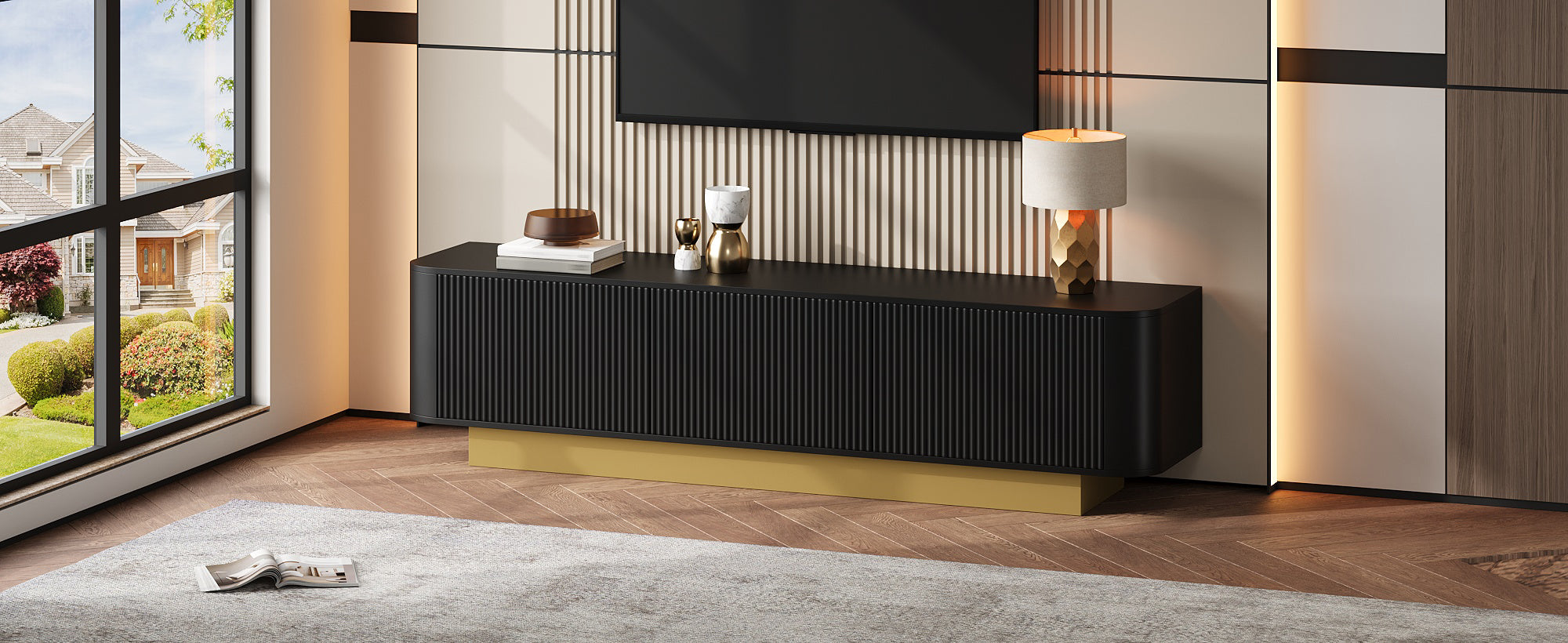 Modern TV Stand with Storage and Textured Front, Black