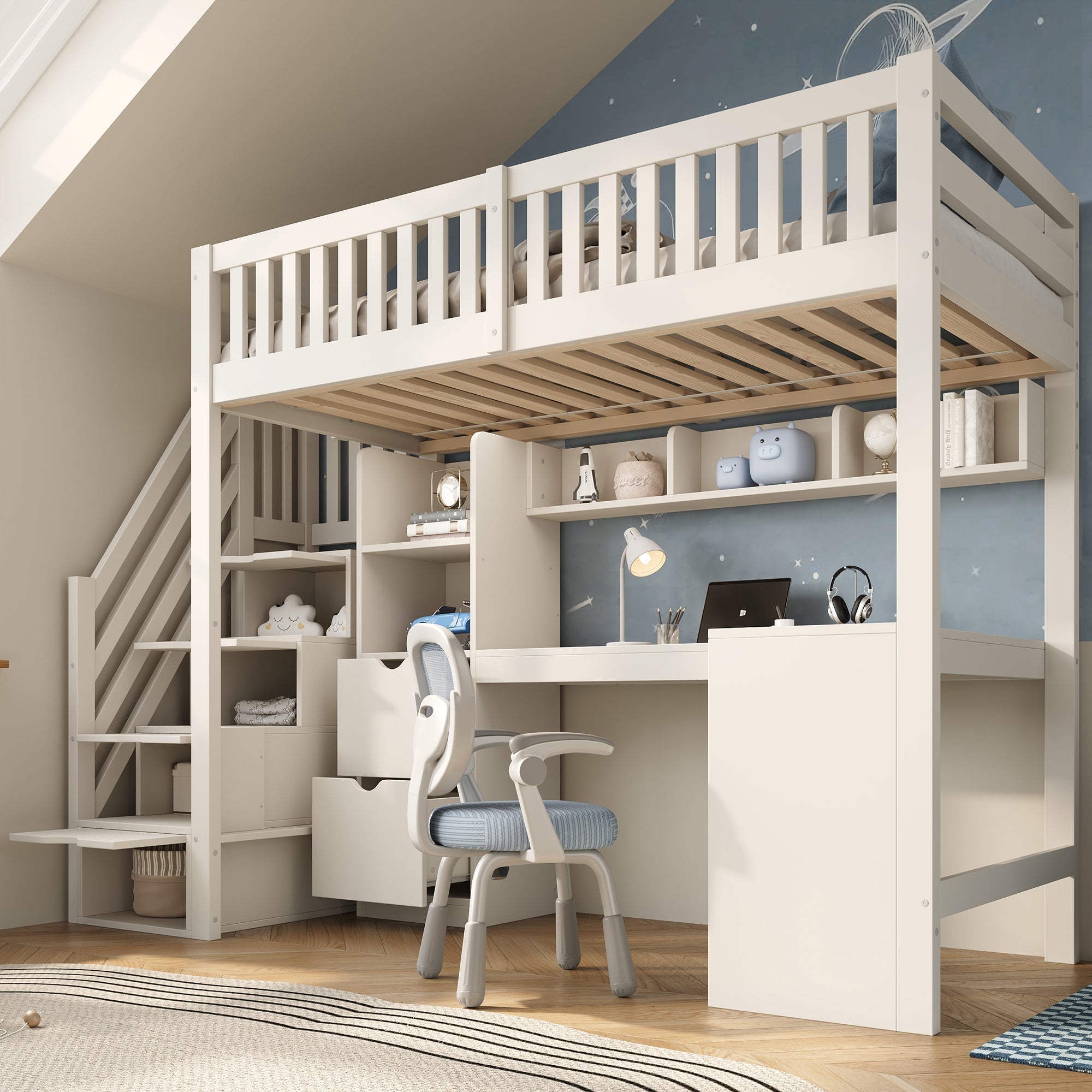 Children's Bunk Bed with Staircase, Corner Desk and Storage, White Pine Wood