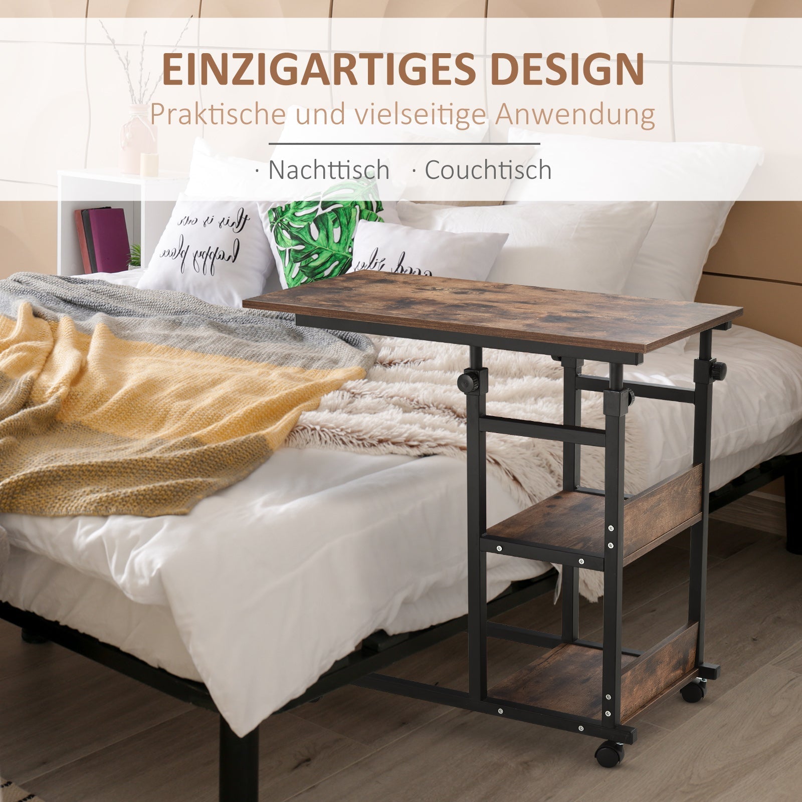 Beistelltisch, höhenverstellbarer Couchtisch 80x40x72-82 cm 2 Ablagen schwarzes Metall