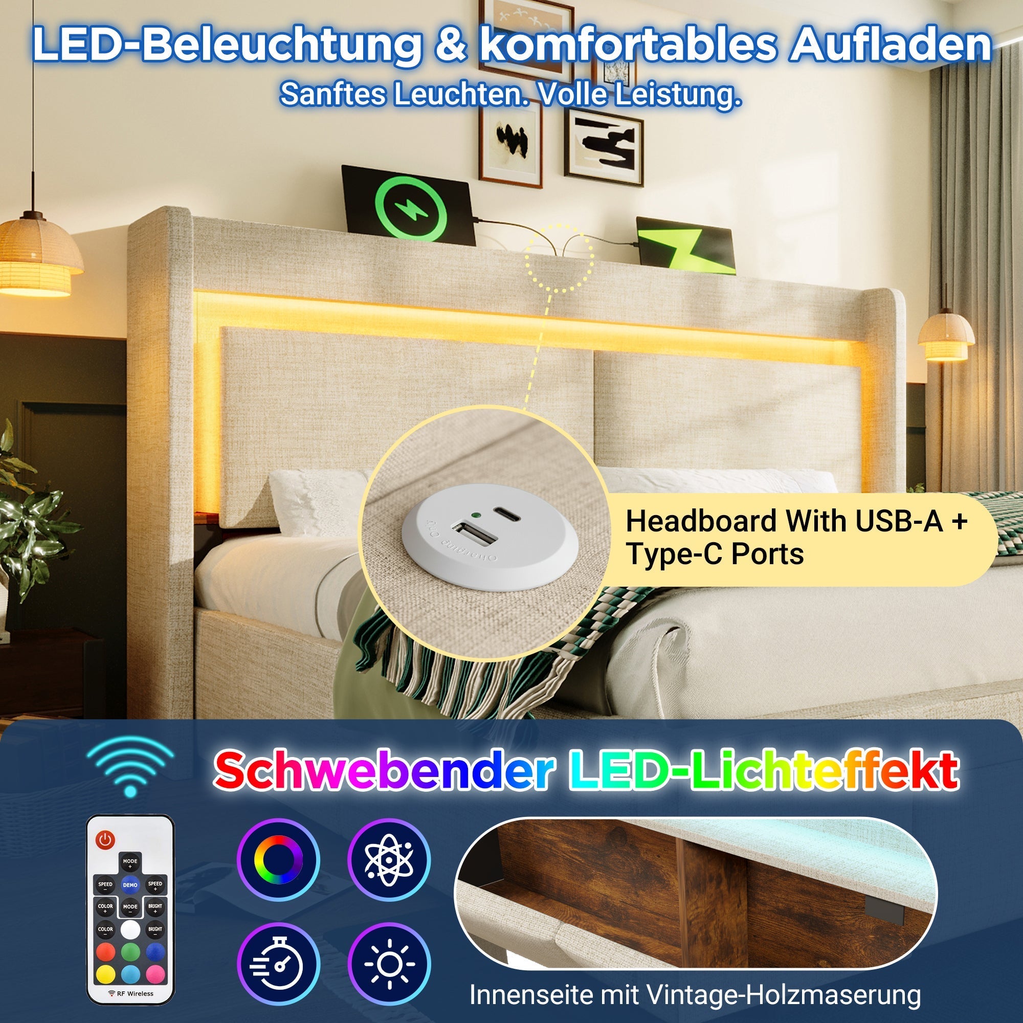 Upholstered Bed 180x200cm Hydraulic Storage LED USB/USB-C Headboard with Compartment Beige Linen