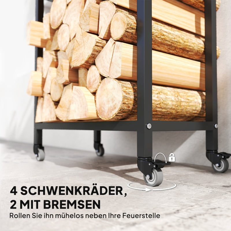 Indoor Firewood Rack 2 Levels With Wheels Steel - Black