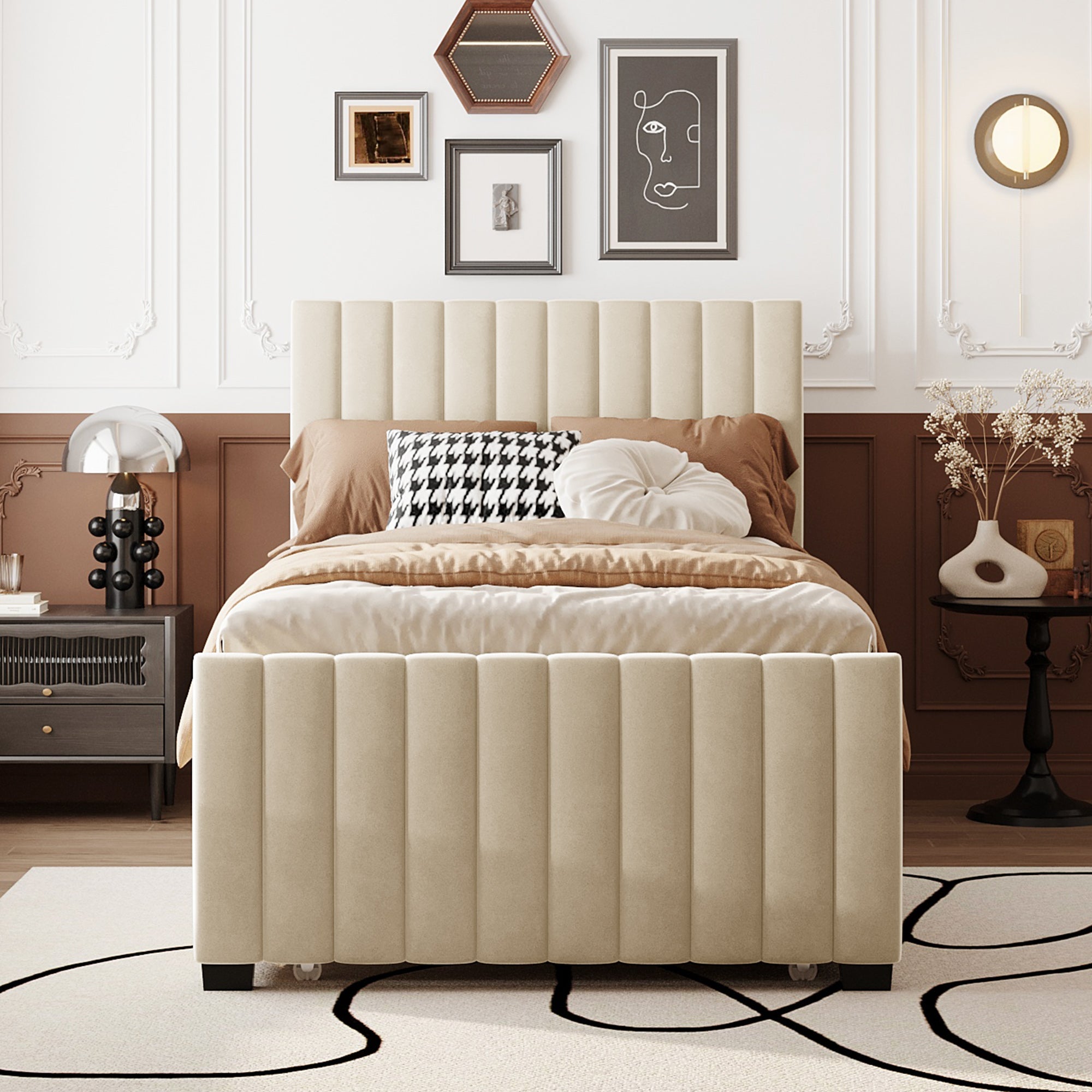 Upholstered Bed, Single with Pull-Out, 90 x 190 cm, Beige Velvet