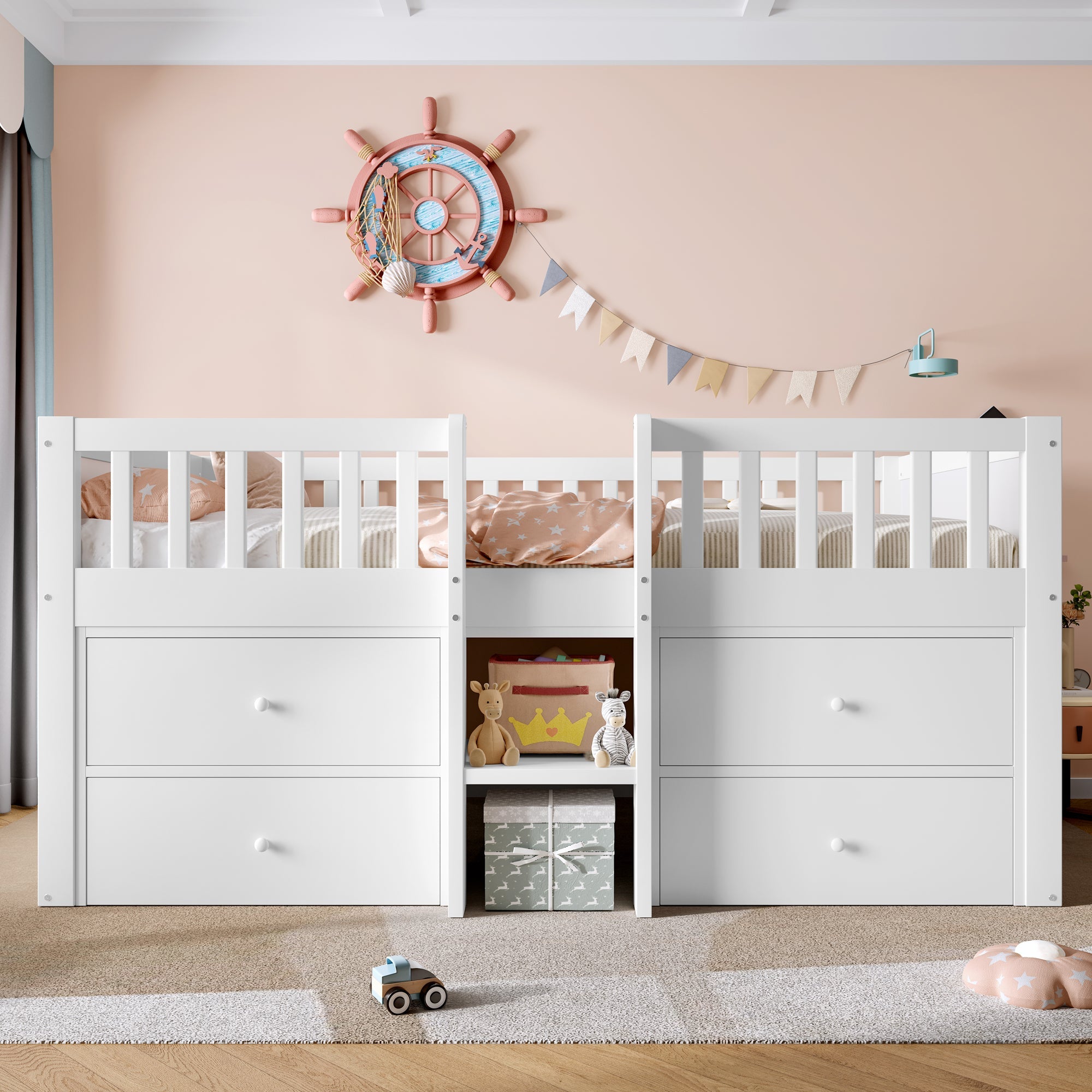 Low Loft Bed with Storage, 3ft Single Bed with Guardrail, Solid Wood, White