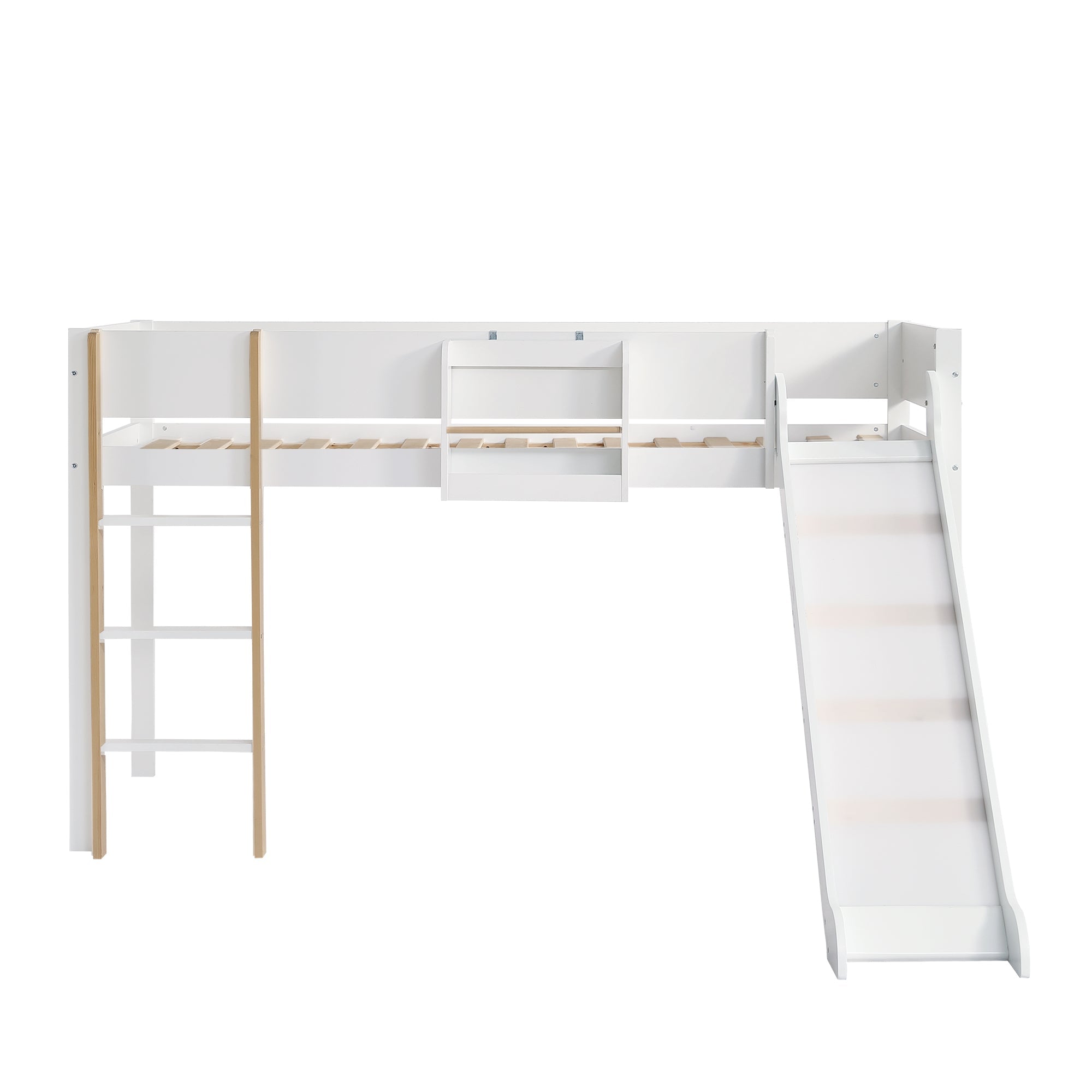 Loft Bed, Bunk with Slide & Removable Shelf, Pine+MDF White+Natural