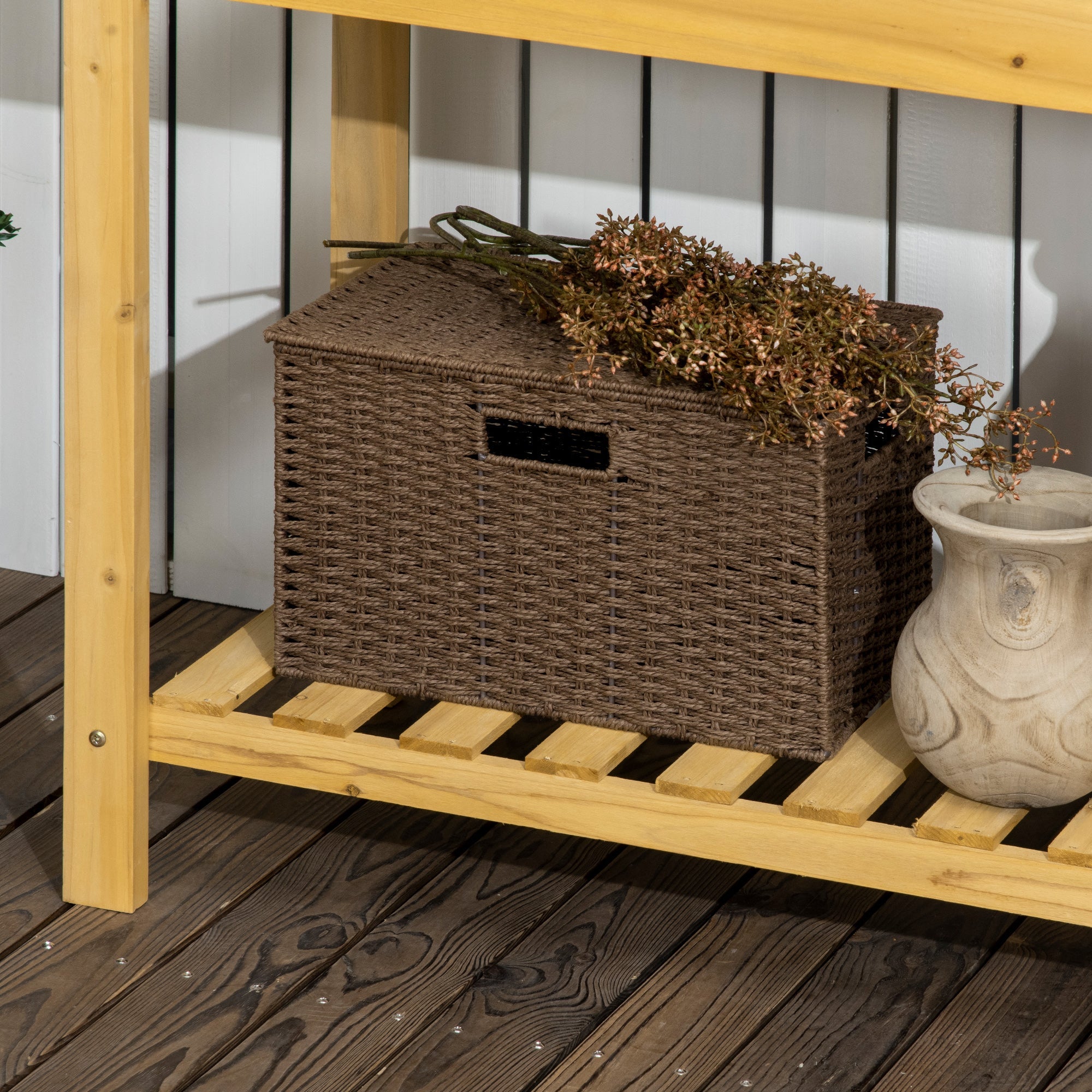 Planting Table with Extendable Tabletop, Stainless Steel Sink, Solid Wood, Brown