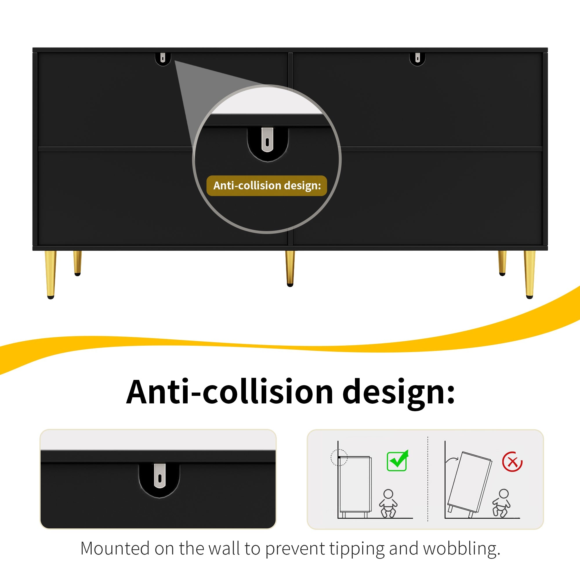 Sideboard, Wave Design with Golden Handles & Feet, Black