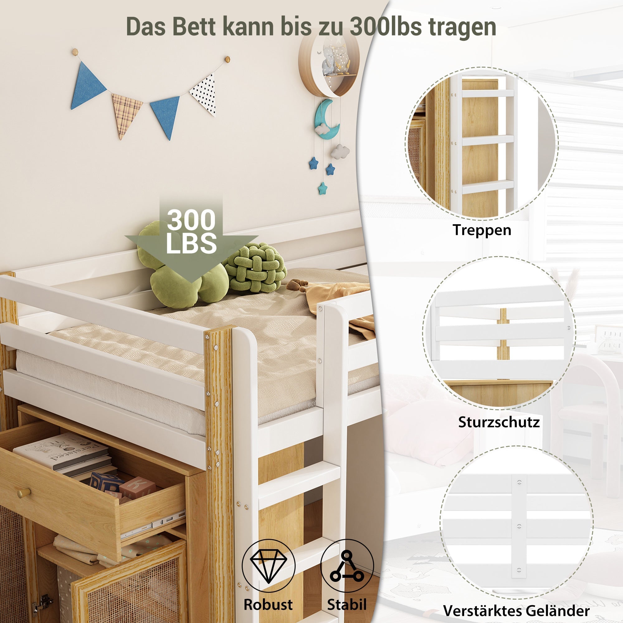Children's Loft Bed with 2 Storage Cabinets and Ladder, Natural and White