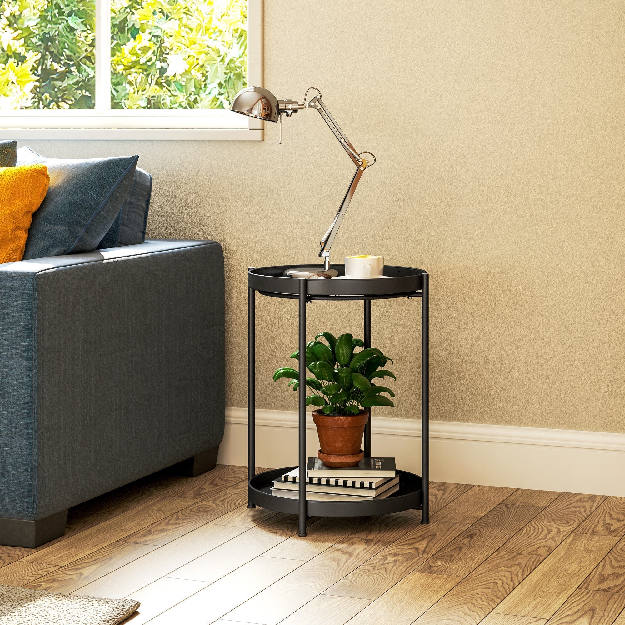 Side Table, 2 Shelves Round Coffee Table, Steel Black