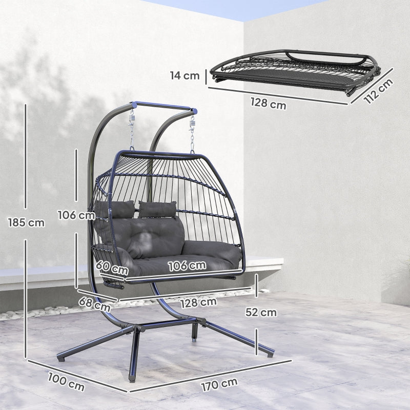 Hanging Chair with Frame, Foldable Basket with Cushion, Ergonomic Swing for 2 people, 260 kg capacity, Dark Gray