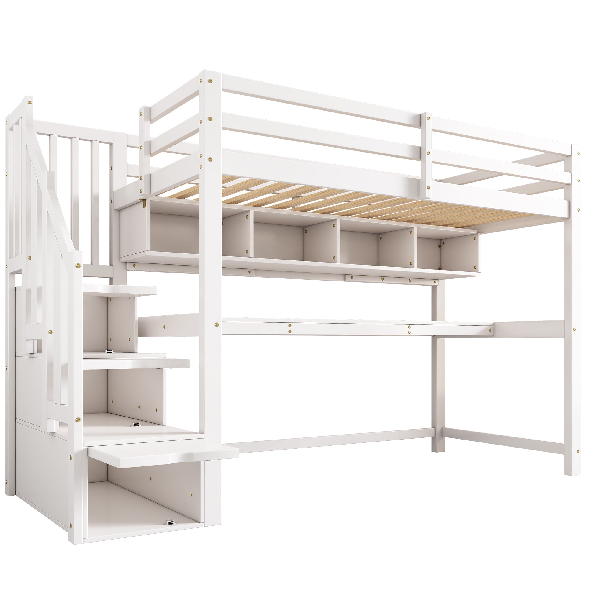 Loft Bed with Storage Stairs, Desk and Shelves, 90x200cm, White Solid Wood + MDF