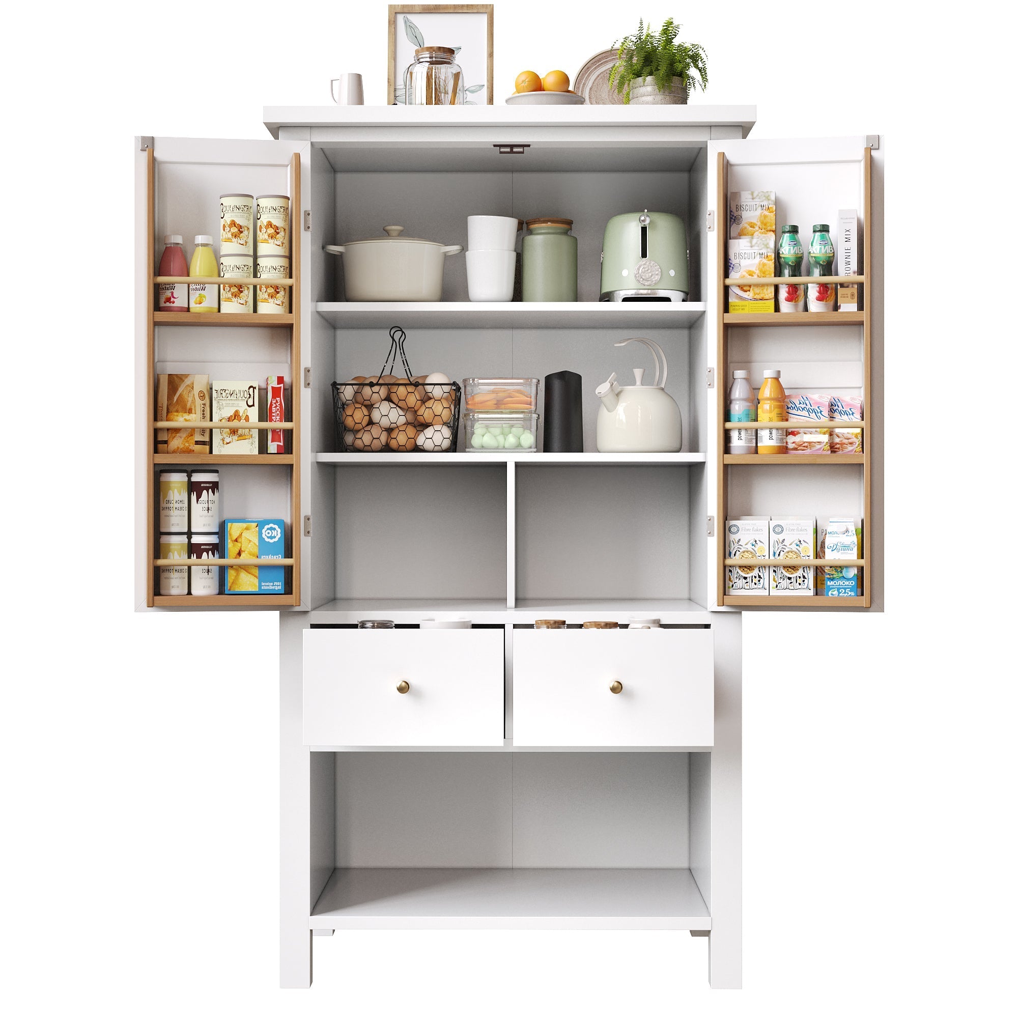 Tall Kitchen Cabinet Buffet 80x140cm Multi-Purpose Storage with 2 Doors & 5 Drawers Black/White