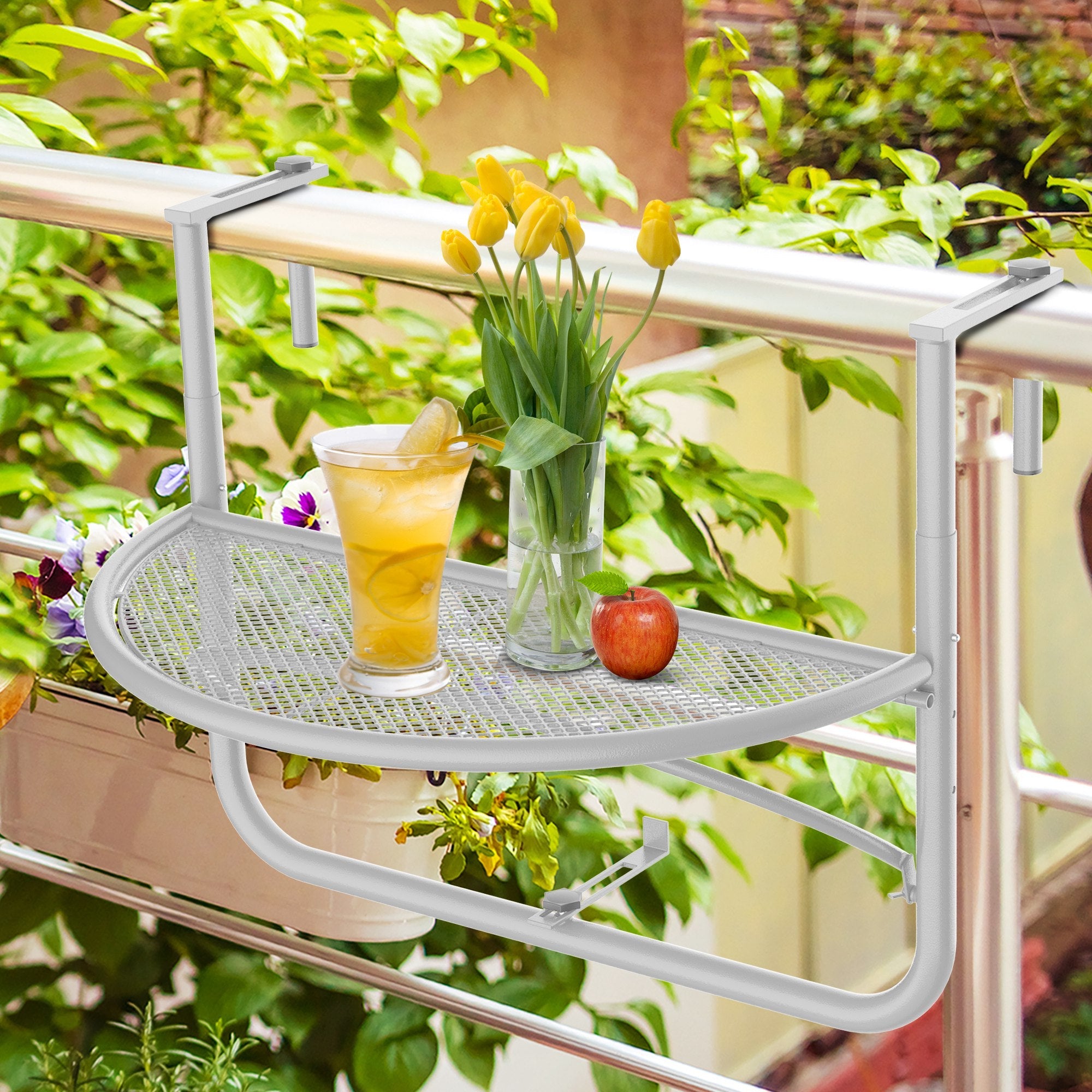Balcony Hanging Table, Adjustable Semi-Circular Garden Table, Metal White