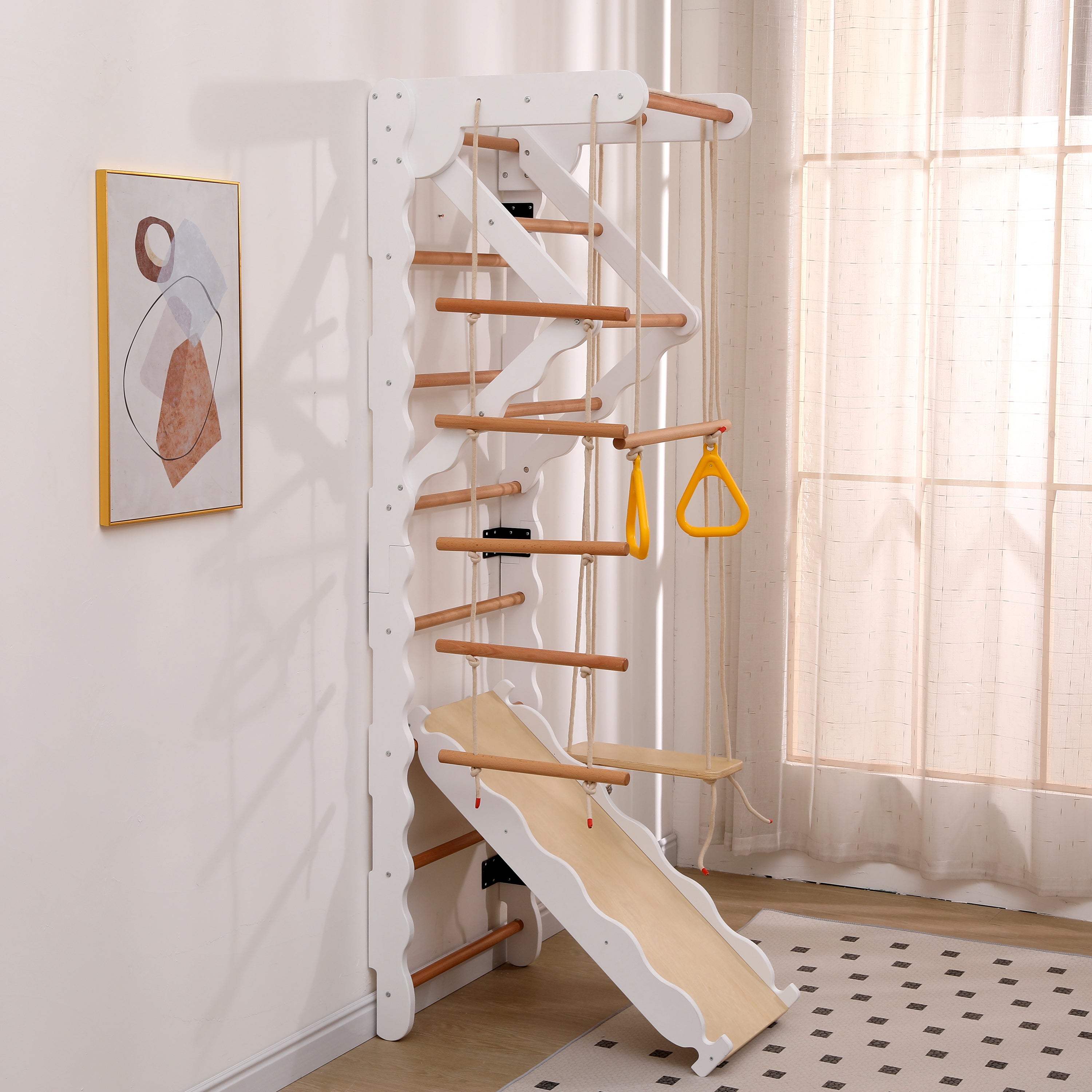 6-in-1 multifunctional climbing frame, wall bars, slide, swing, crawling ladder, pull-up area, rings, 50 kg, plywood, solid wood, beech