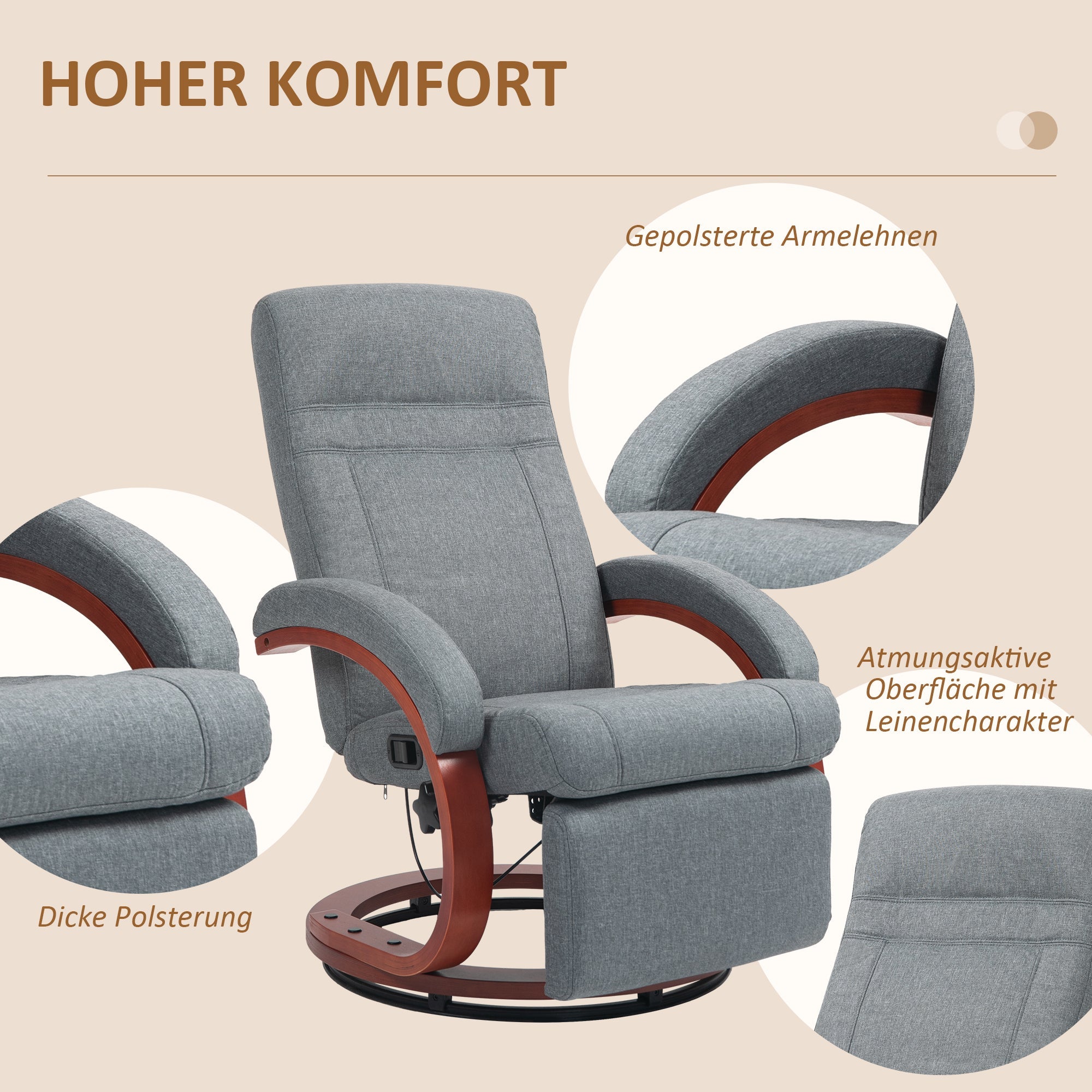 Reclining TV Armchair, Swivel, Adjustable Backrest, Wooden Armrests - Grey Fabric