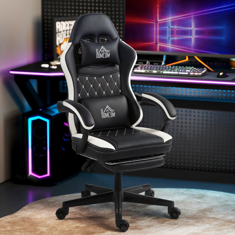 Gaming Chair with Footrest, Headrest & Cushion, Swivel, Adjustable Height Faux Leather Black and White