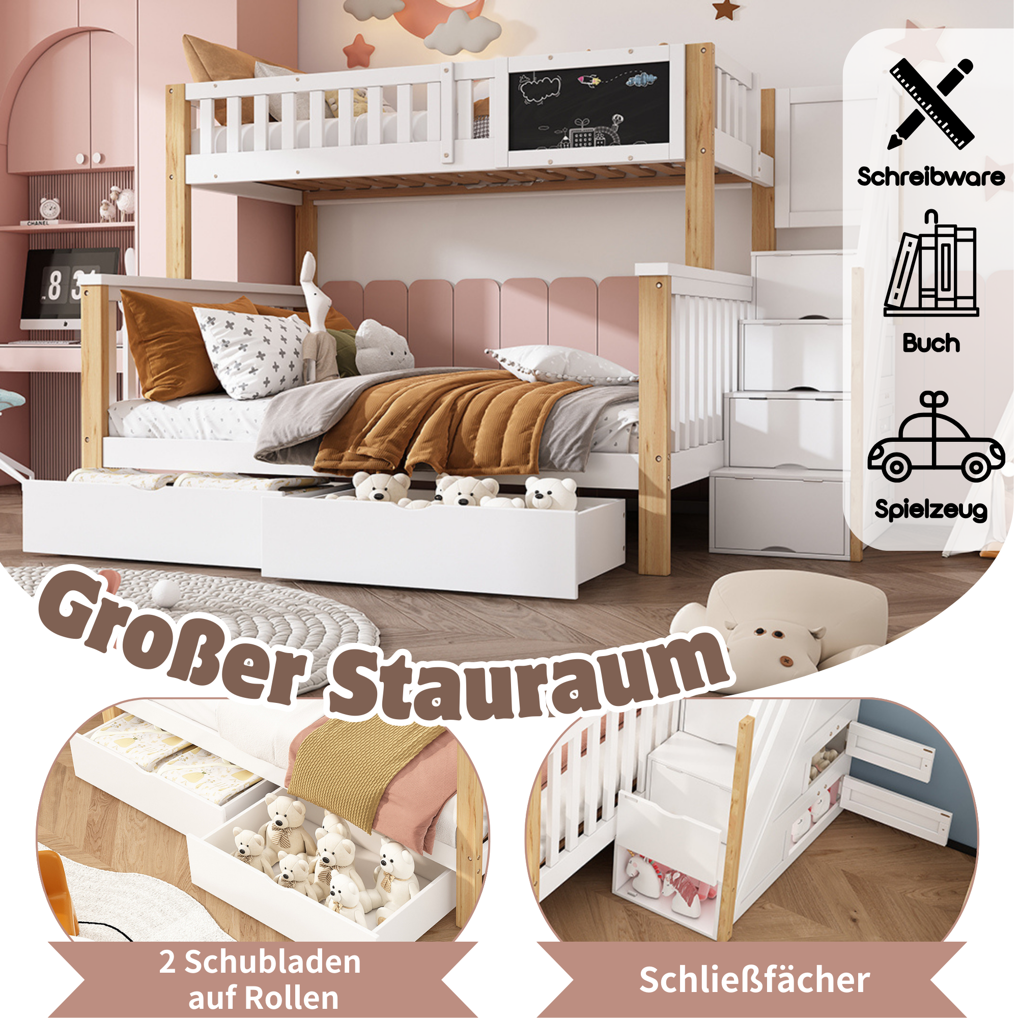 Children's Bunk Bed Multifunctional Chalkboard Drawers 90x200/140x200 - White/Light Oak