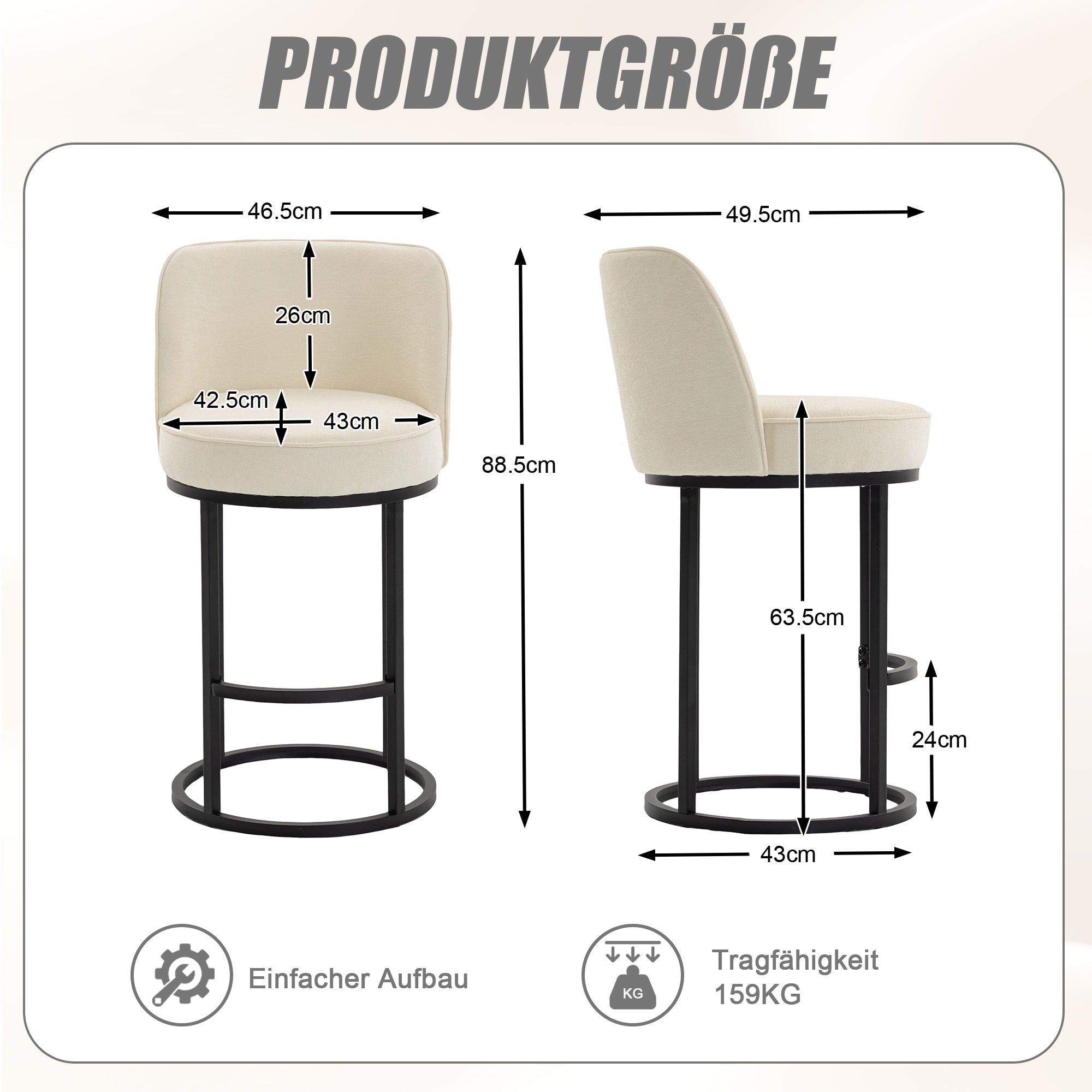 Modern Bar Stools with Ergonomic Backrest and Metal Legs, Set of 2, Linen