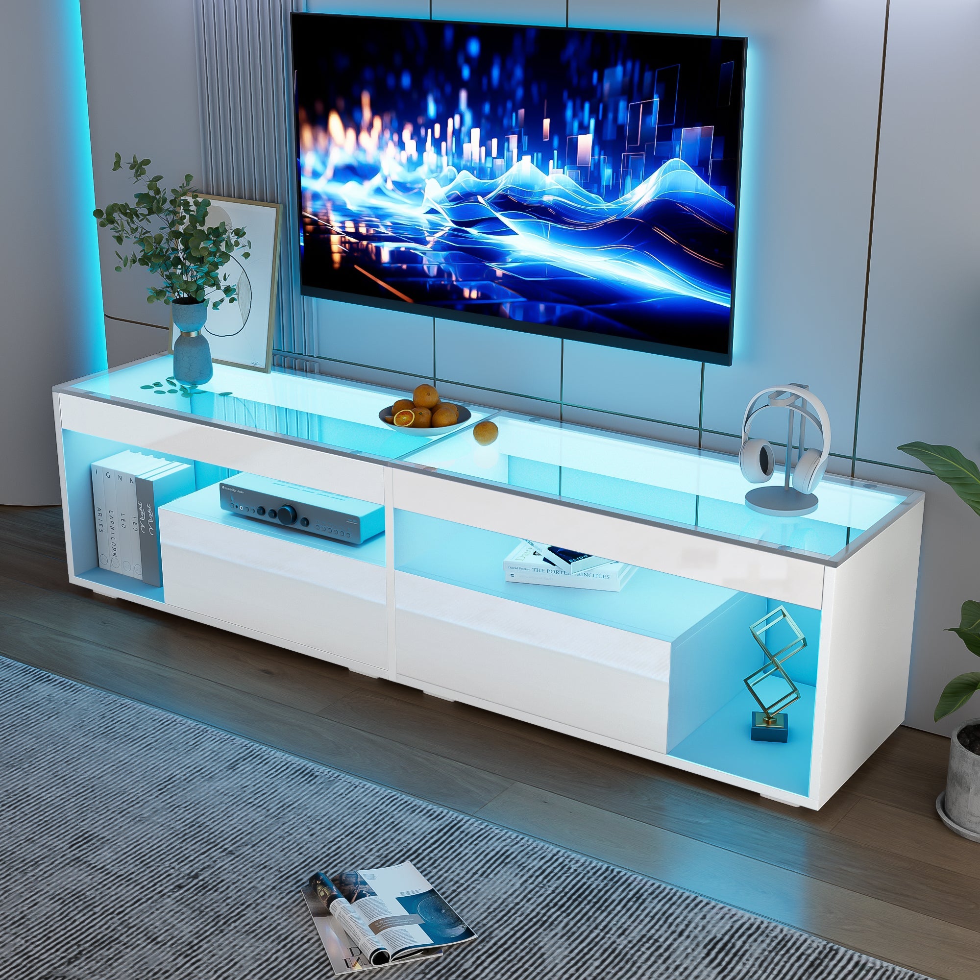 LED High-Gloss TV Cabinet for 70 Inch TVs, 2 Drawers, White