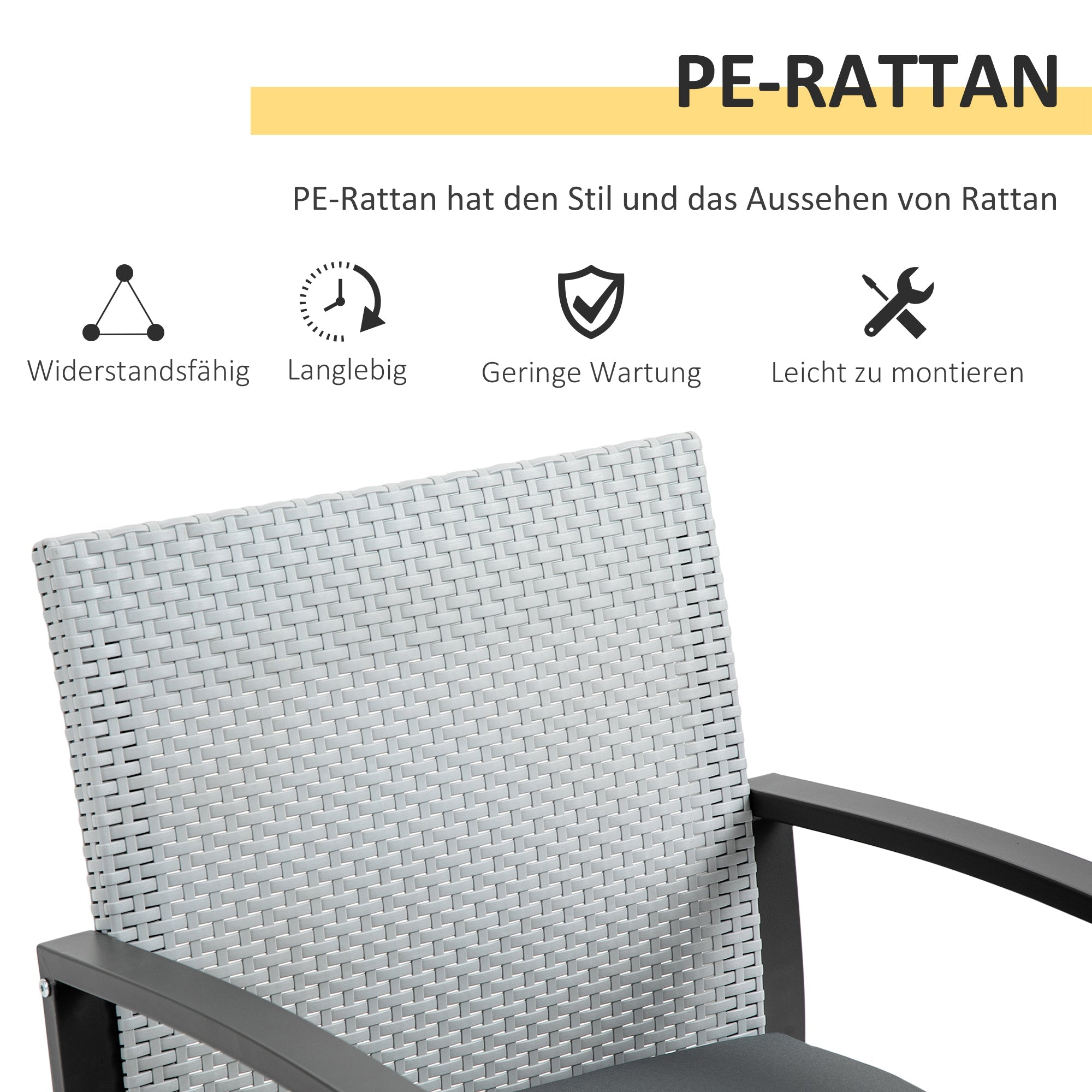 Rattan Seating Set, 3-Piece with Dining Table, Steel & Polyester, Black/Grey