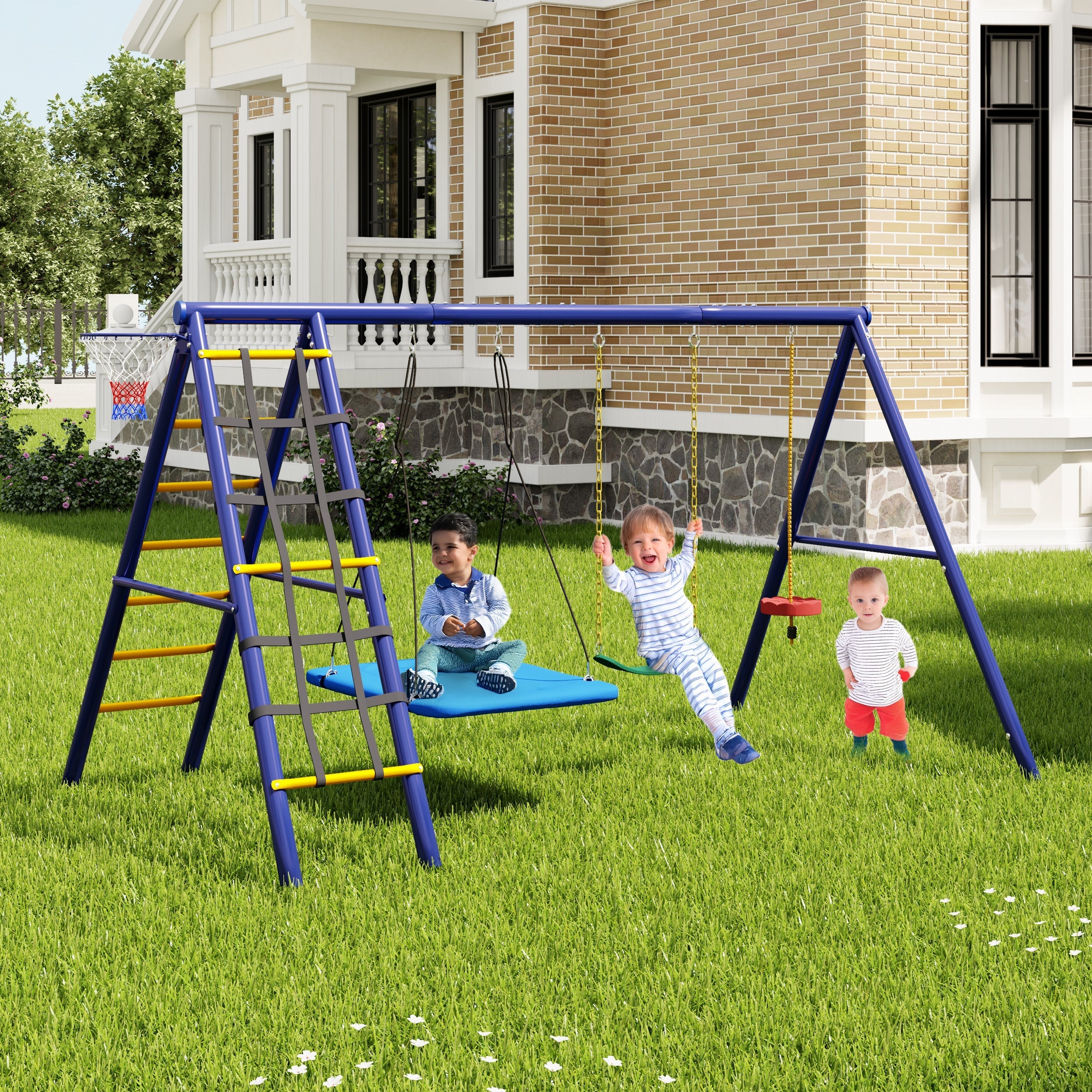Multifunctional Outdoor Swing Set - 3 Swings, Climbing Frame, Basketball Hoop, Steel