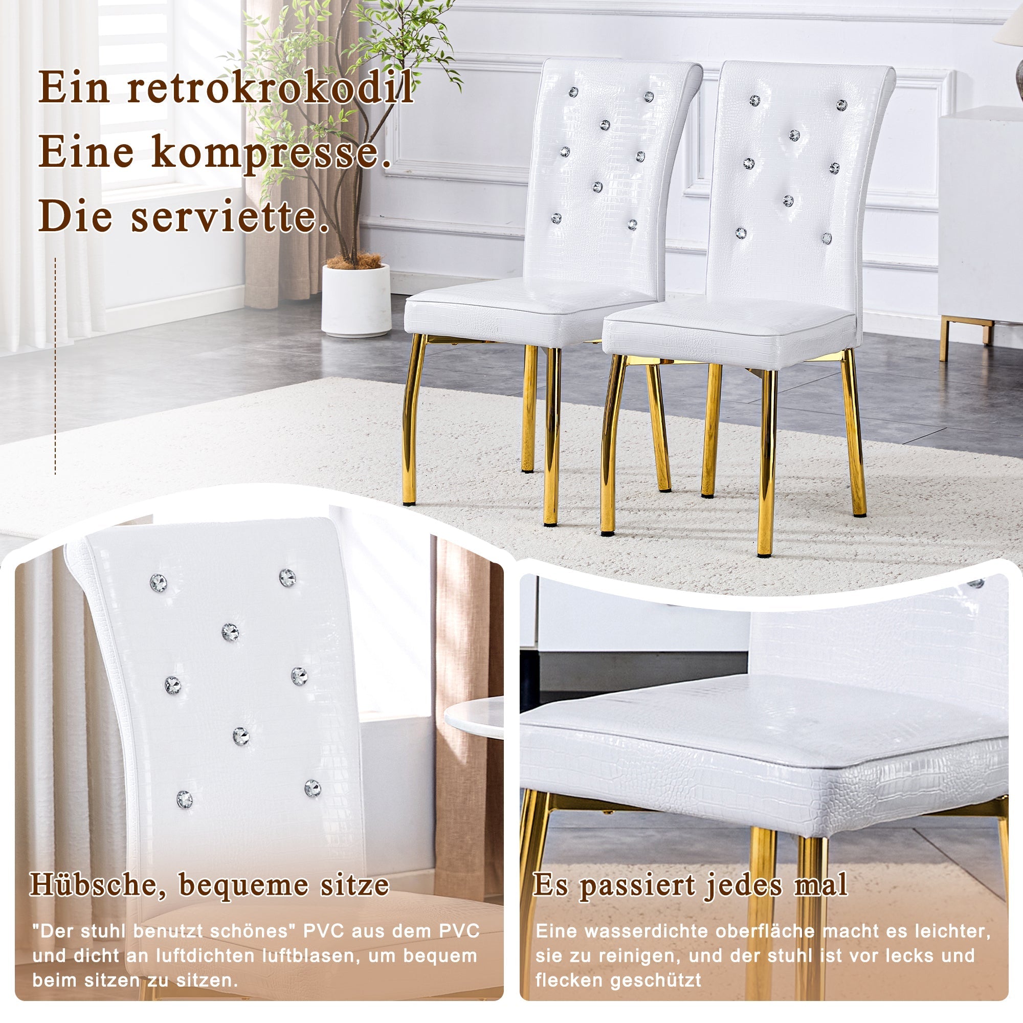 Set of 2 Dining Chairs Retro Alligator-Skin Crystal Buckle Gold Legs - Faux Leather
