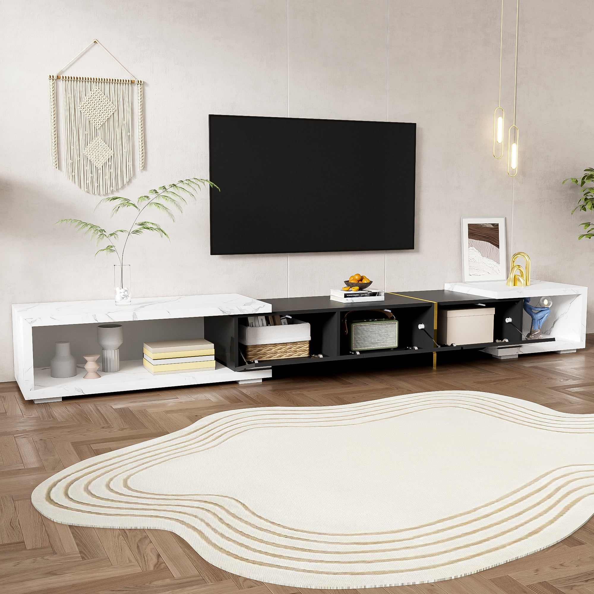 Modern TV Cabinet, Variable Length (140-260 cm) with Rotating Function, White Marble Look & Black High-Gloss Finish