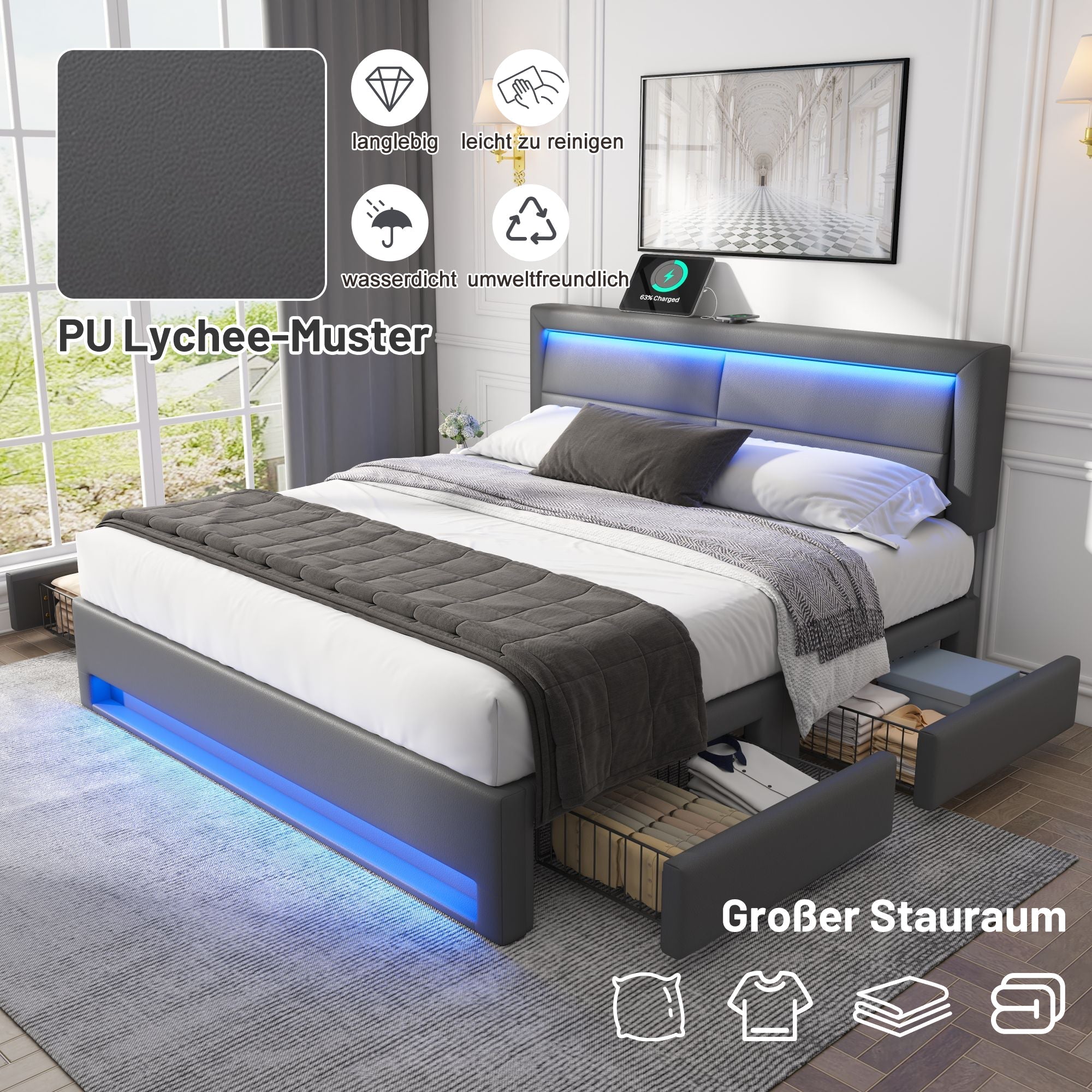 Upholstered Bed 160x200cm USB LED 4 Drawers - Grey PU