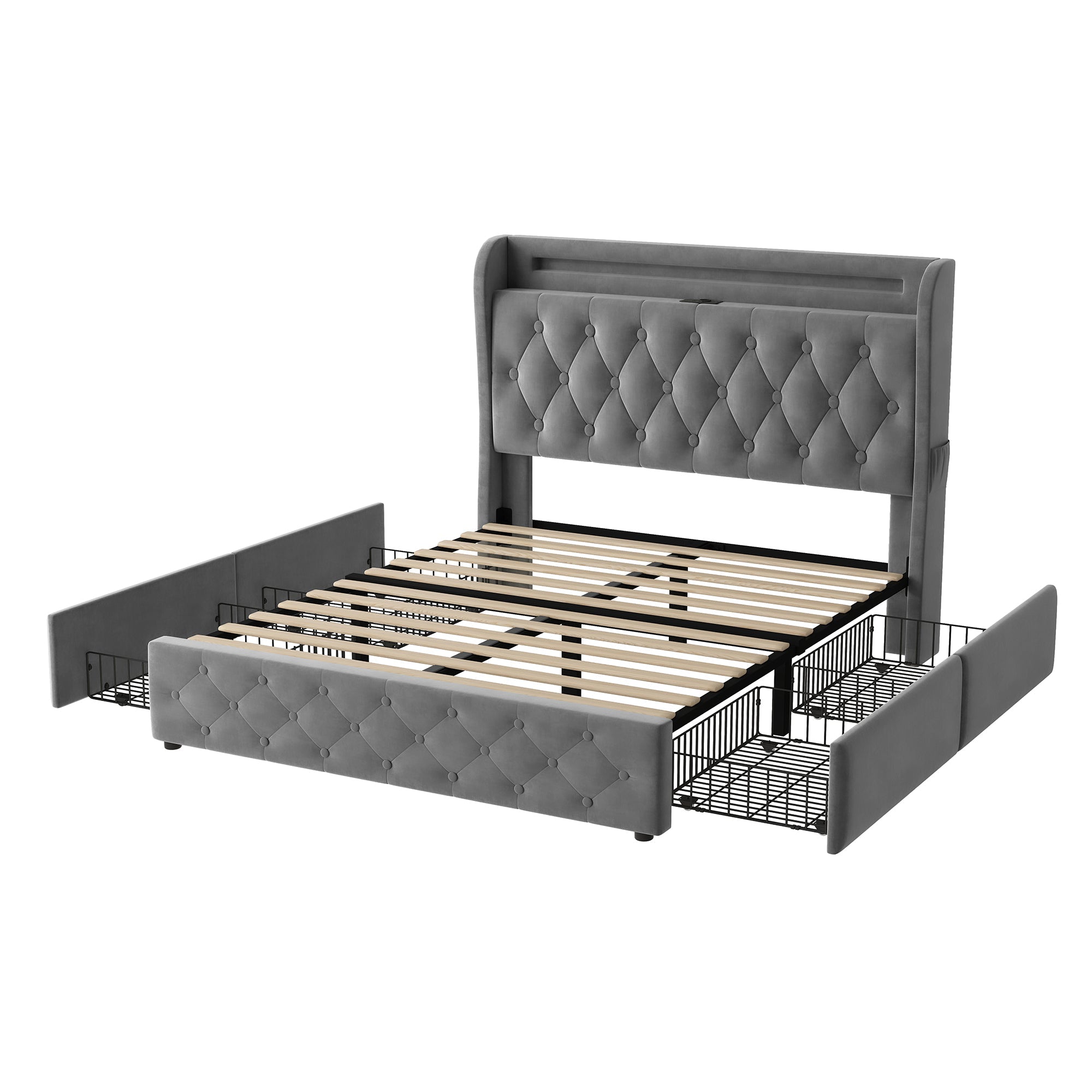 Upholstered Bed 140x190cm LED USB Storage Headboard 4 Drawers - Velvet