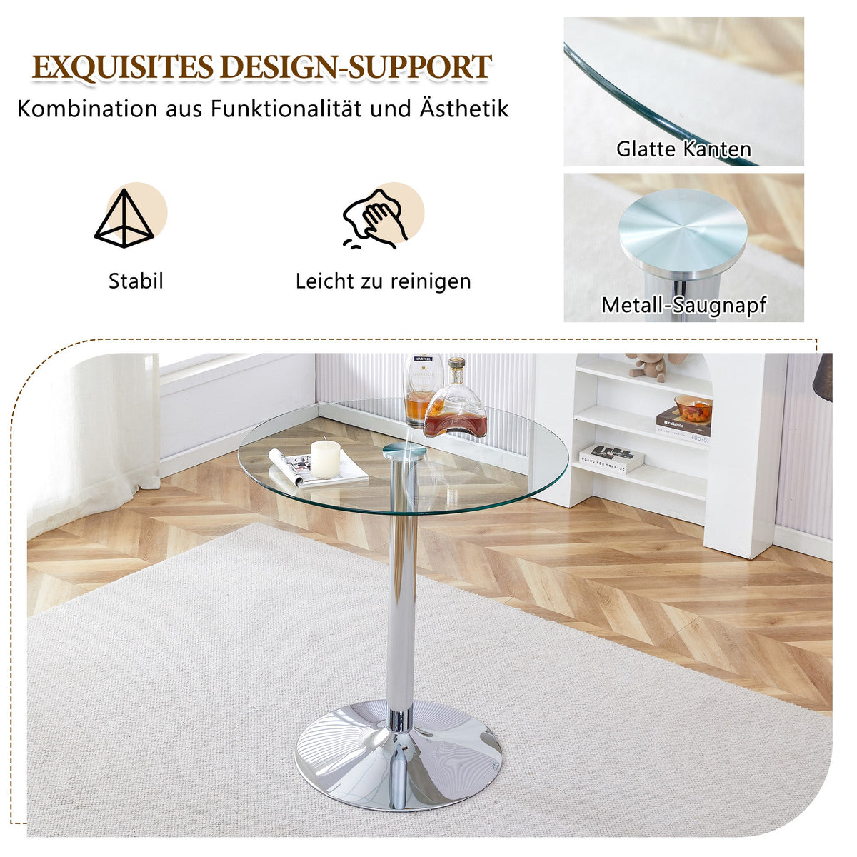 Flexible Bar Set Round Glass Table 89cm 2 Stools - Glass/Silver Legs