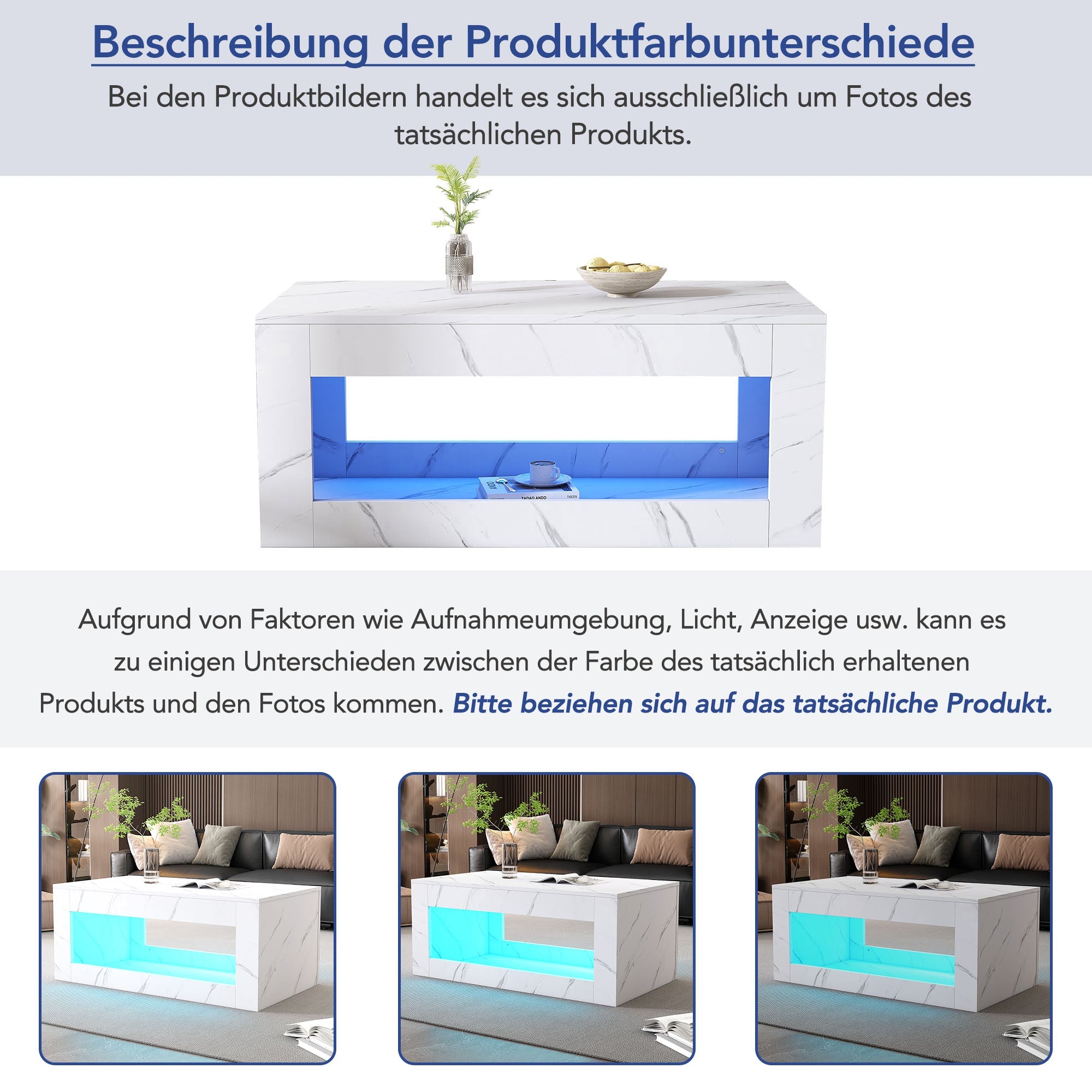 LED Coffee Table High-Gloss Remote Control Marble Print - White