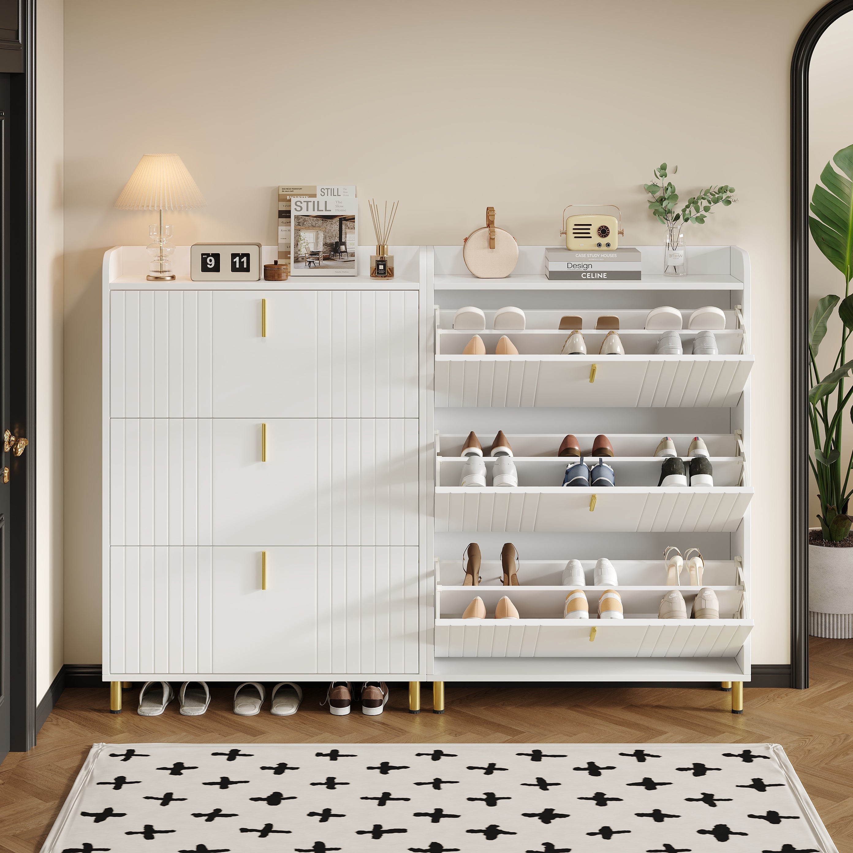 Shoe Cabinets 2-Pack 3-Door 6-Compartment Adjustable Anti-Tip White