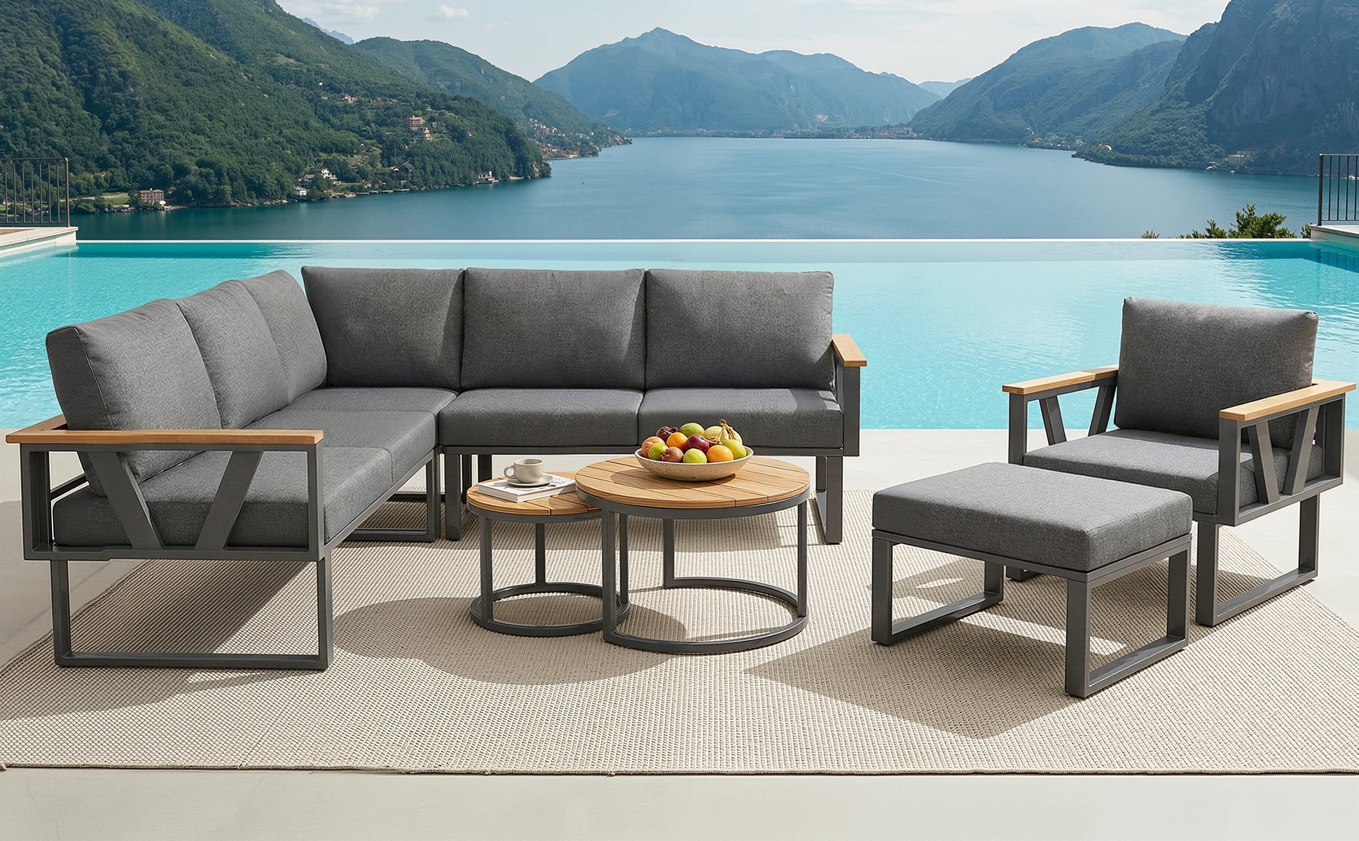 Modular Outdoor Seating Set with 9cm Cushions and 2 Wooden Tables, Grey/Beige