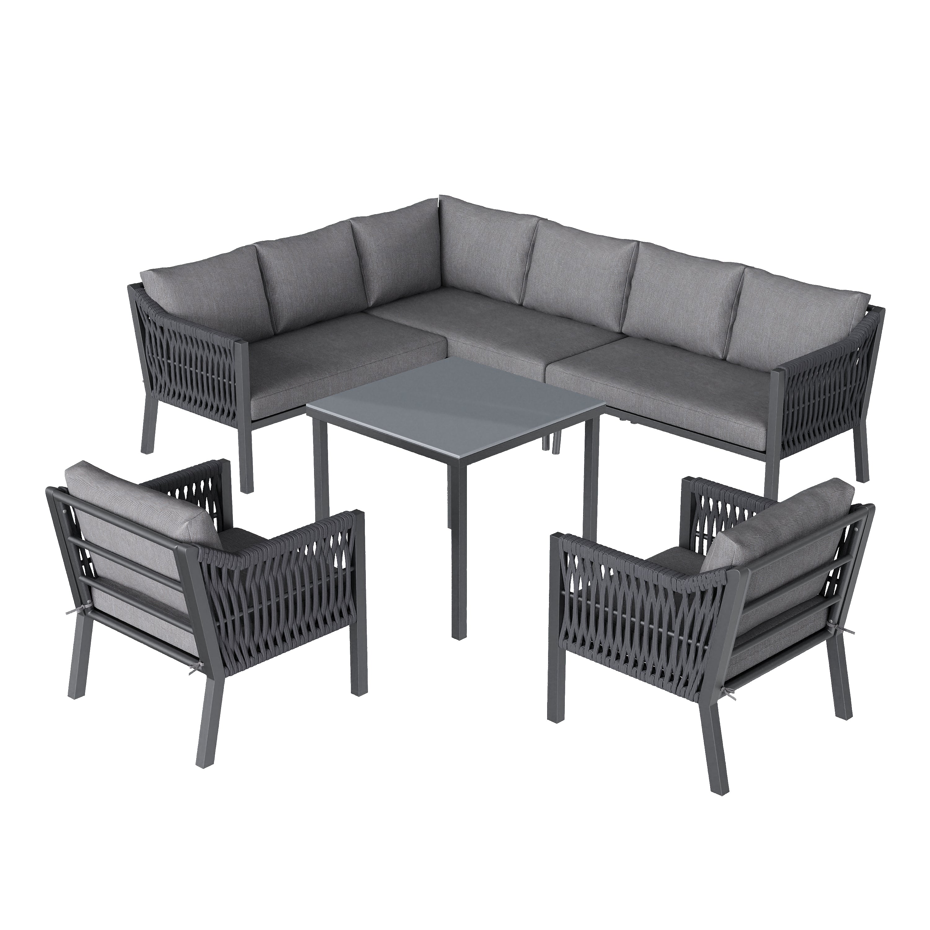 Garden Dining Set, 8-Person Corner Sofa with Table and Armchairs, Grey Hand-Woven Rope and Galvanized Iron