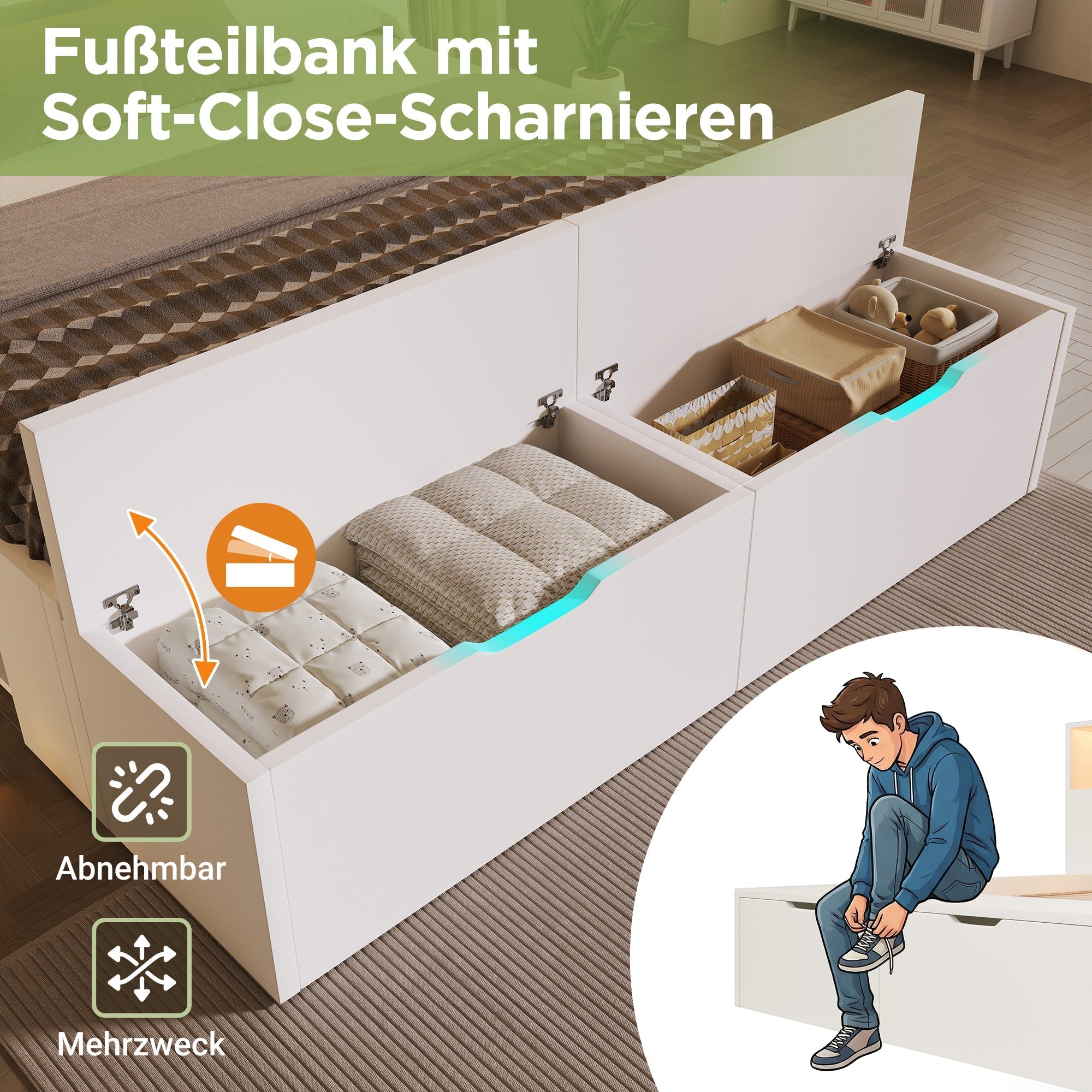 Wooden Double Bed 140x200cm Storage Drawers LED Lights USB White