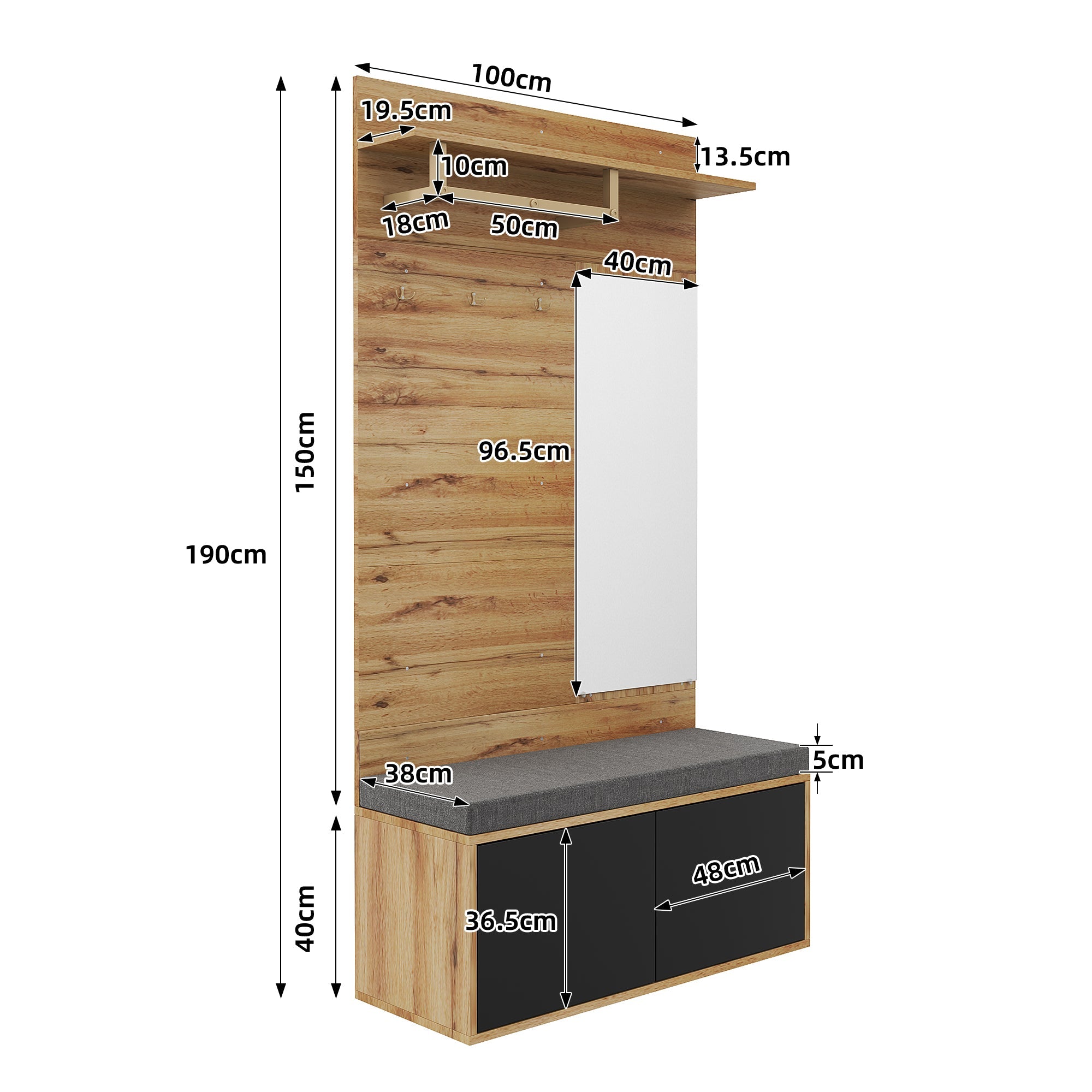 Wardrobe Set Compact Hallway Unit with Mirror, Cushions, and Shoe Cabinet, 100x190x38 cm
