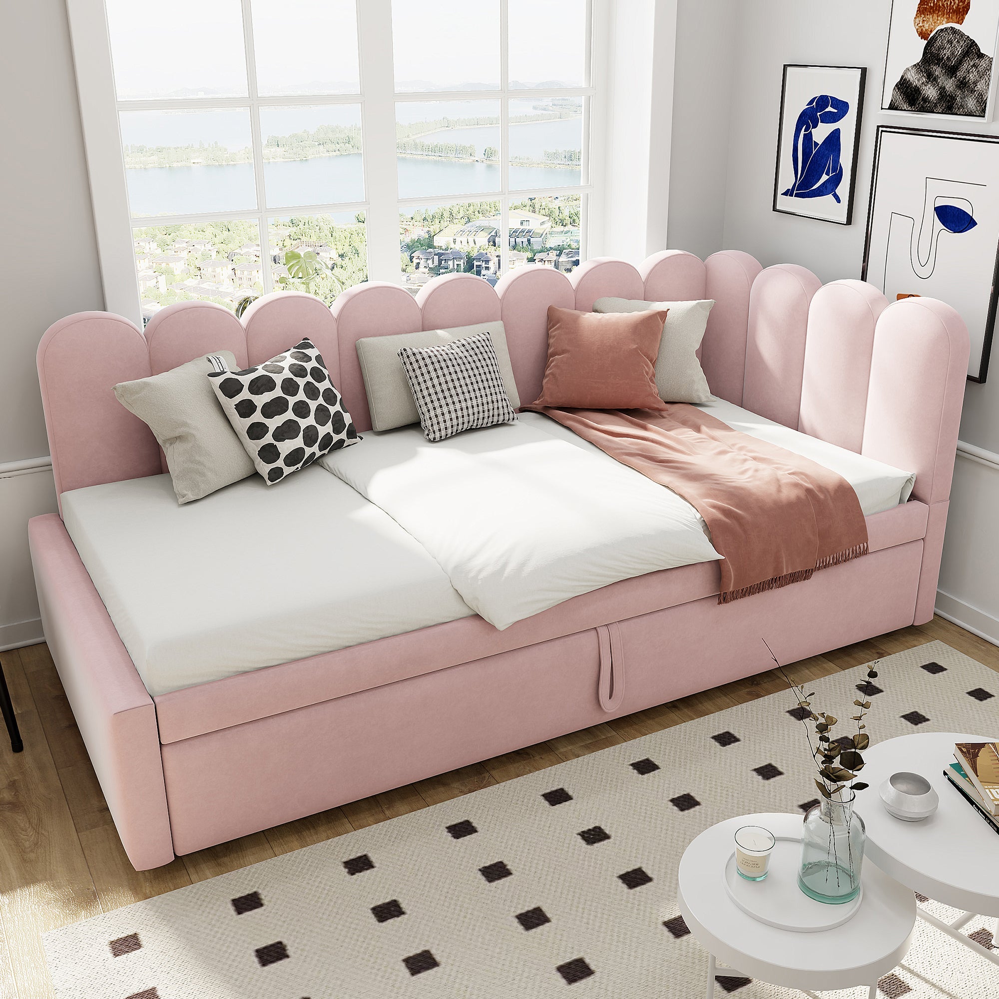 2-in-1 L-Shaped Sleeper Sofa 90/180 x 200 cm Space-Saving Upholstered Velvet Pink