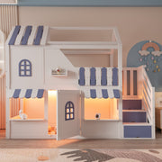 Children's Bunk Bed with House-Shaped Design, Storage Ladder, LED and Shelves, 90x200cm, White + Blue